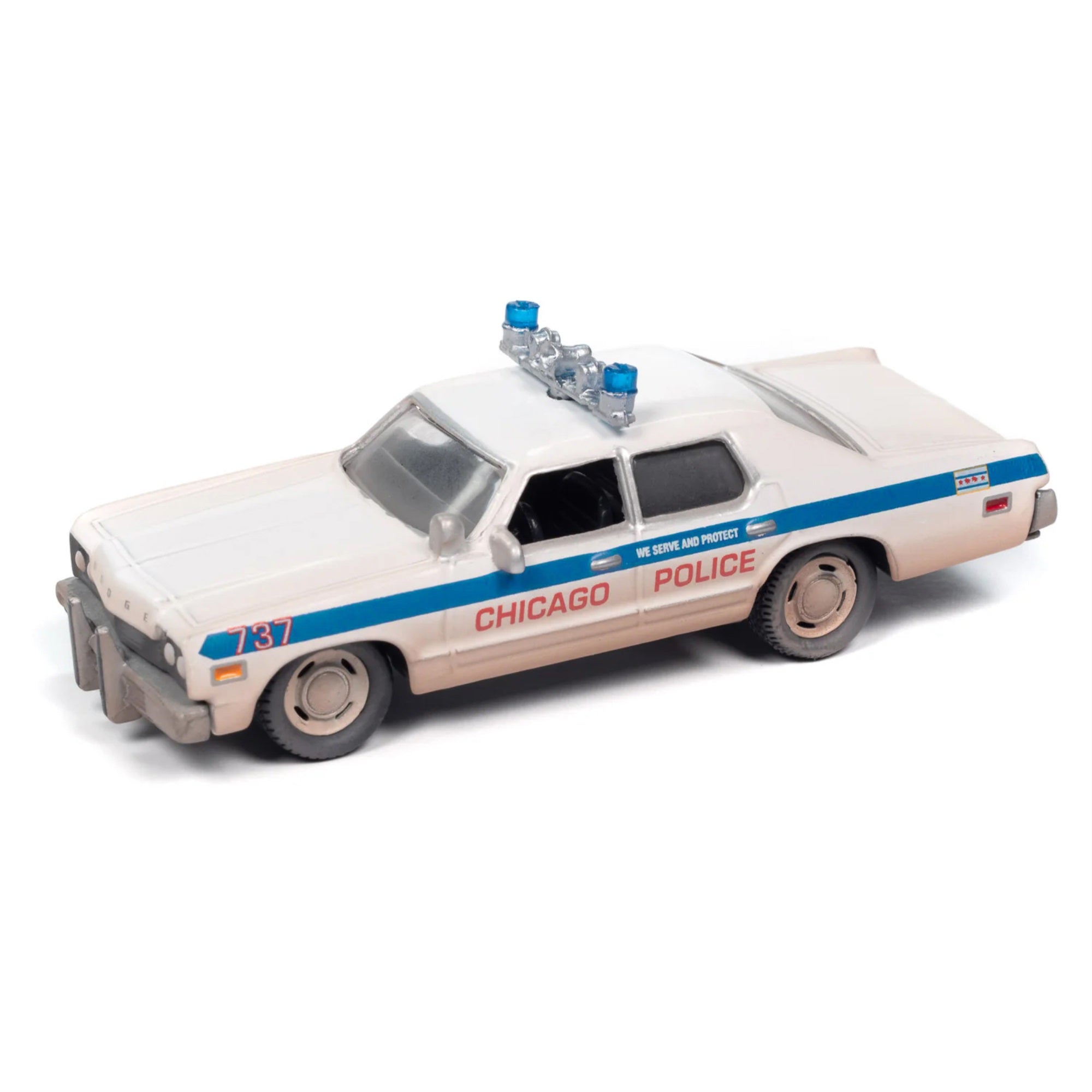 1975 Dodge Monaco 'Chicago Police' White (Dirty Version) 'Blues Brothers' (1980) Movie 'Pop Culture' 2024 Release 2 1/64 Diecast Model Car By Johnny Lightning