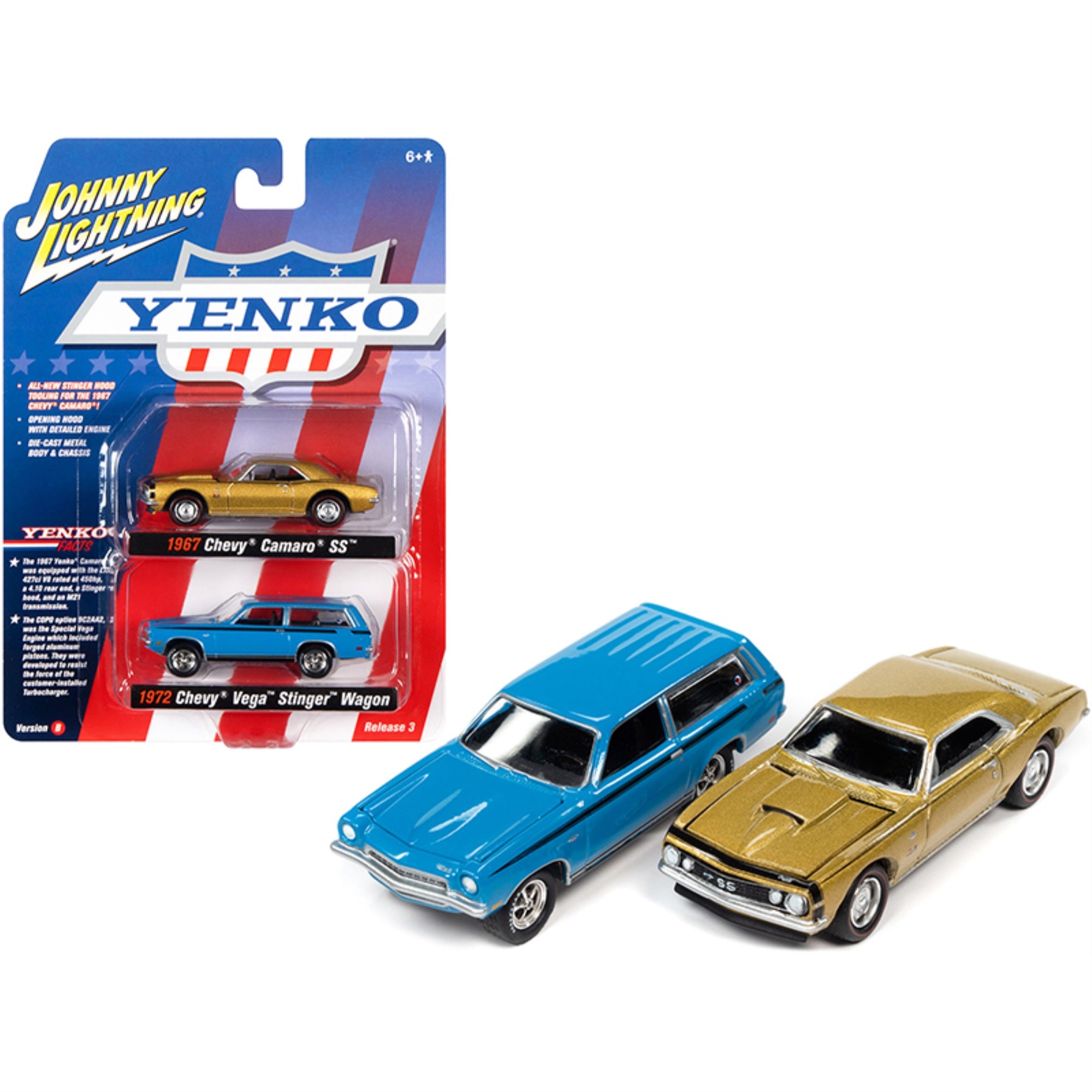 1967 Chevrolet Camaro Ss Gold Metallic And 1972 Chevrolet Vega Stinger Wagon Blue 'Yenko' Set Of 2 Cars 1/64 Diecast Model Cars By Johnny Lightning