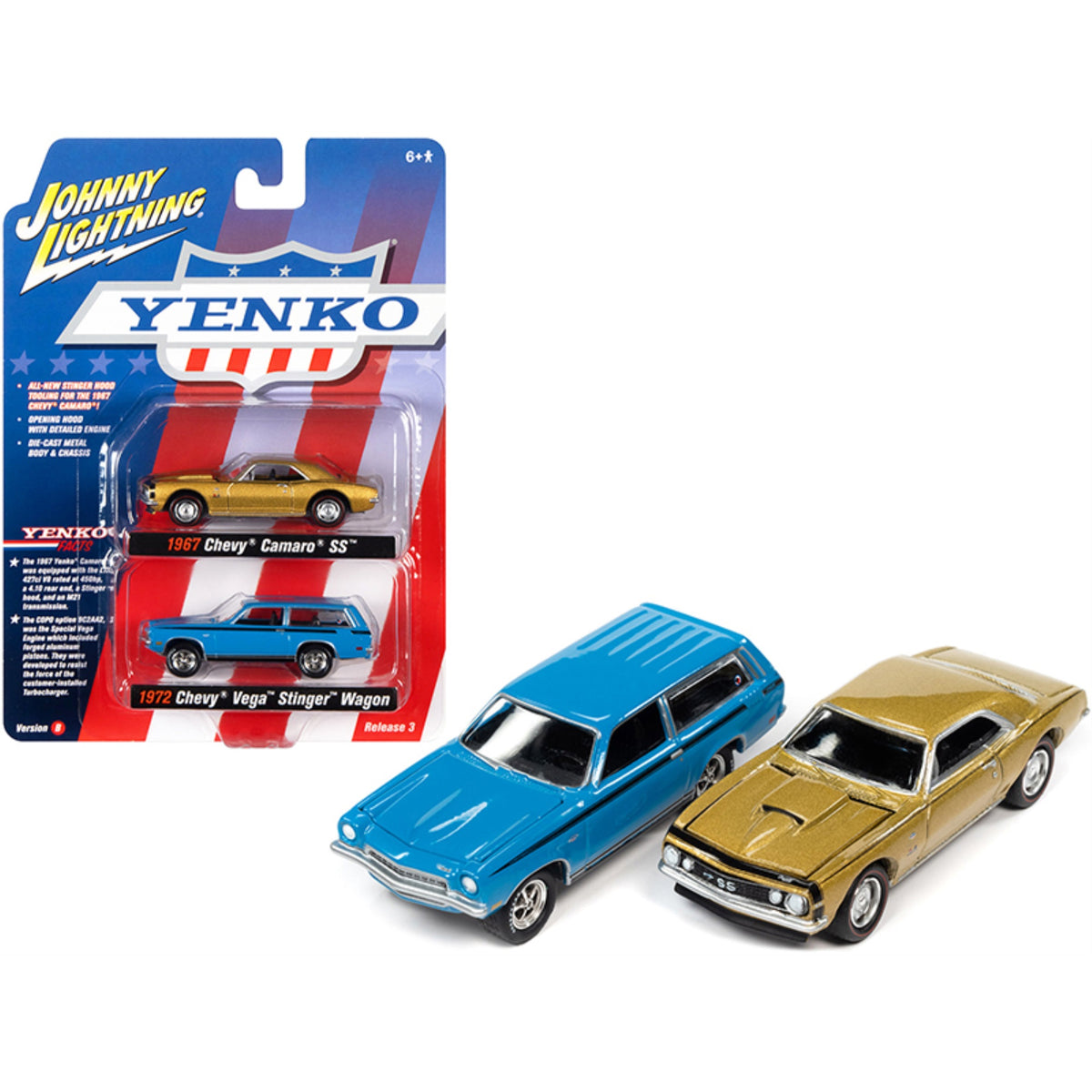 1967 Chevrolet Camaro Ss Gold Metallic And 1972 Chevrolet Vega Stinger Wagon Blue 'Yenko' Set Of 2 Cars 1/64 Diecast Model Cars By Johnny Lightning