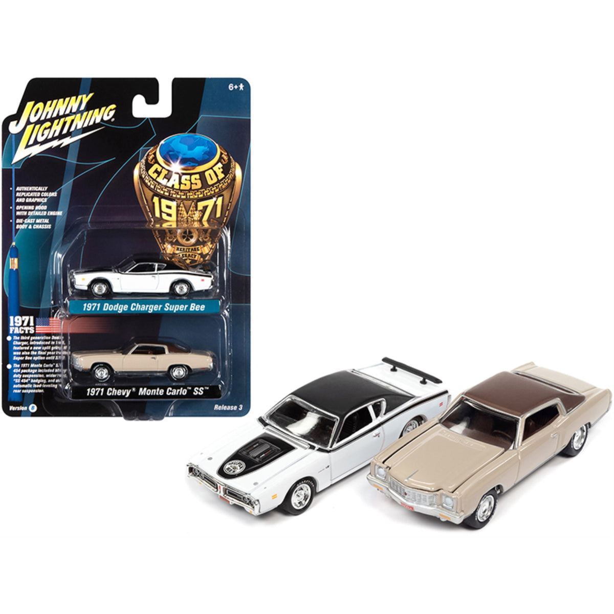 1971 Dodge Charger Super Bee White And 1971 Chevrolet Monte Carlo Ss Sandalwood Brown 'Class Of 1971' Set Of 2 Cars 1/64 Diecast Model Cars By Johnny Lightning
