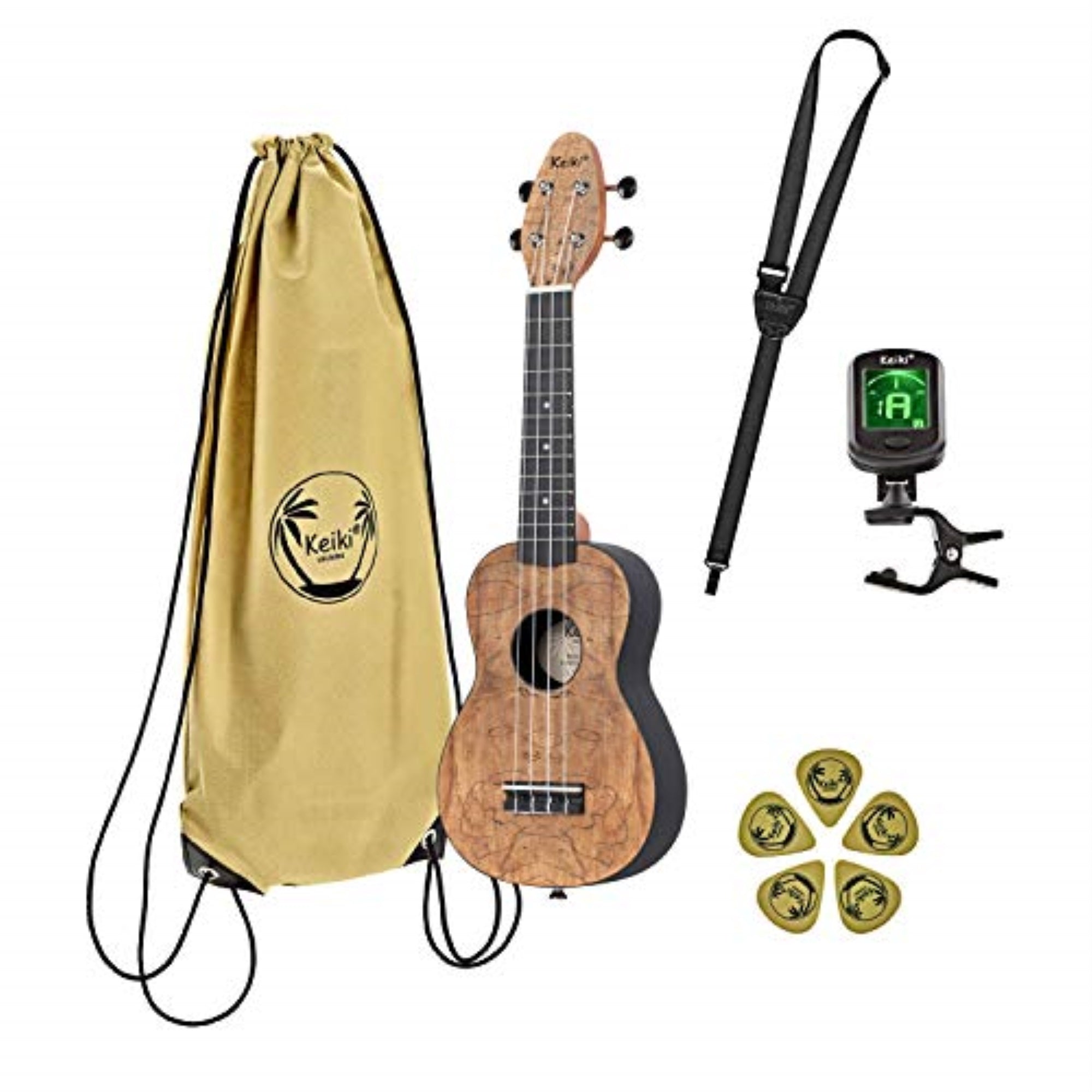 Keiki Exotic Wood Series Soprano Left-Handed Ukulele Pack - Icludes: Tuner, Picks, Strap & Tote Bag
