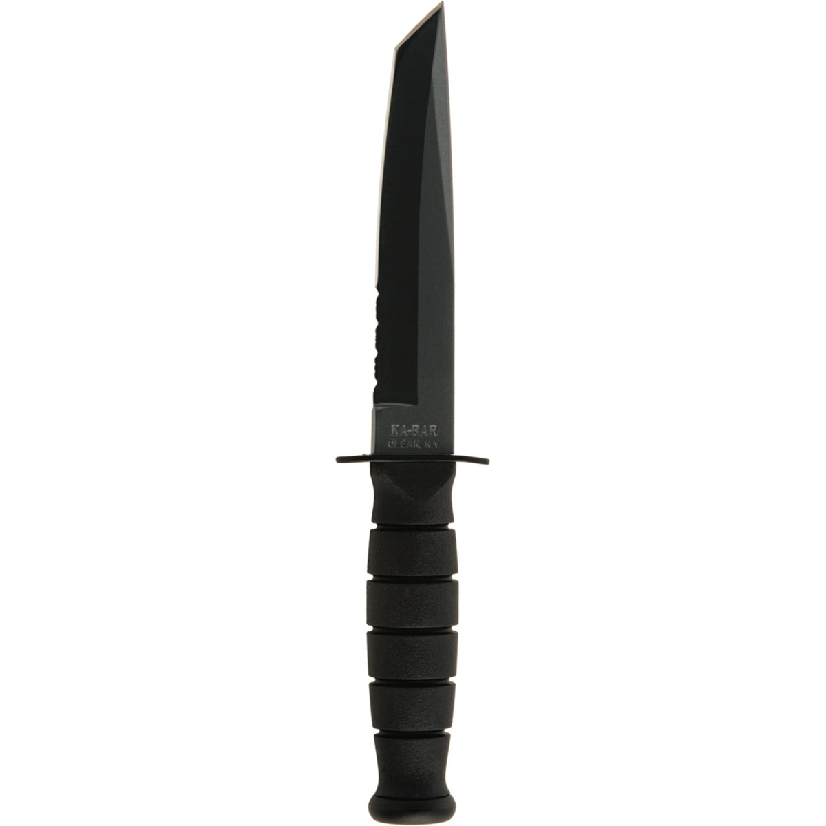 1255 - Ka-Bar Short Tanto Black, Black Leather Sheath, Serrated Edge