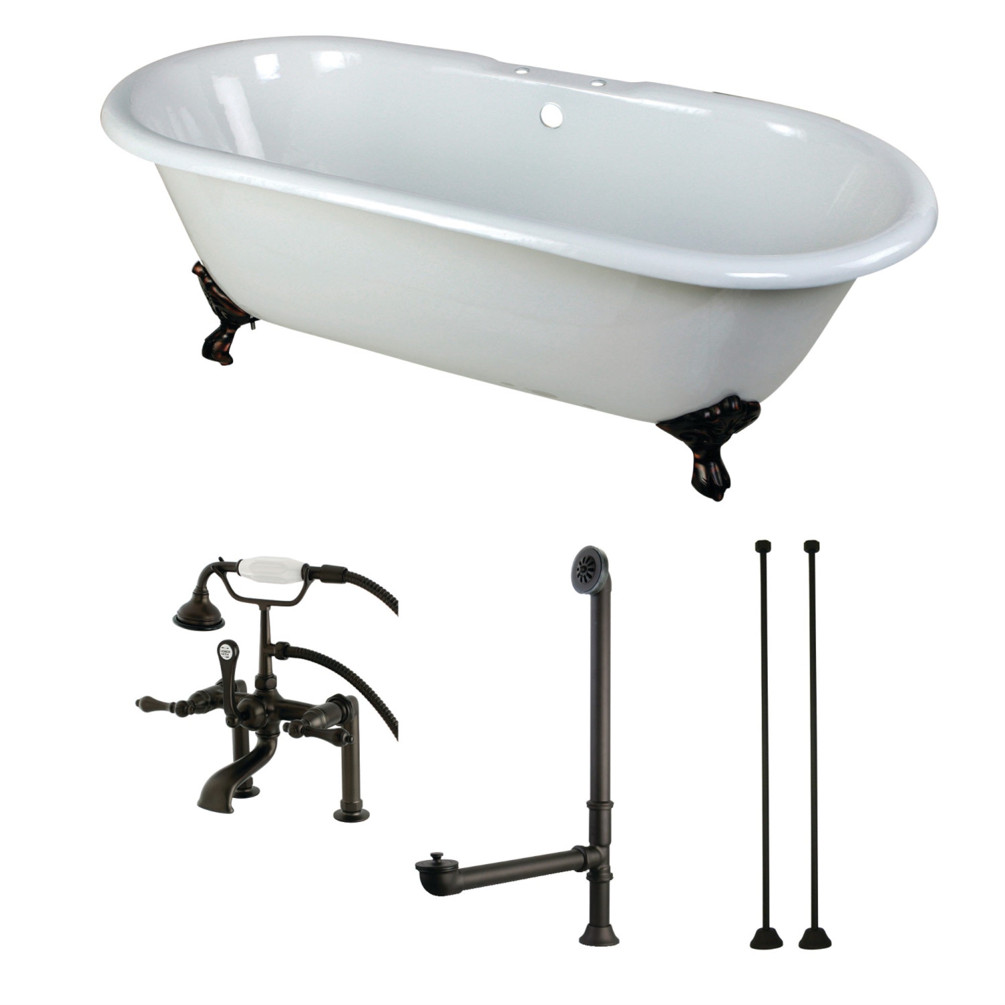 Aqua Eden Kct7D663013C5 66-Inch Cast Iron Double Ended Clawfoot Tub Combo With Faucet And Supply Lines, White/Oil Rubbed Bronze