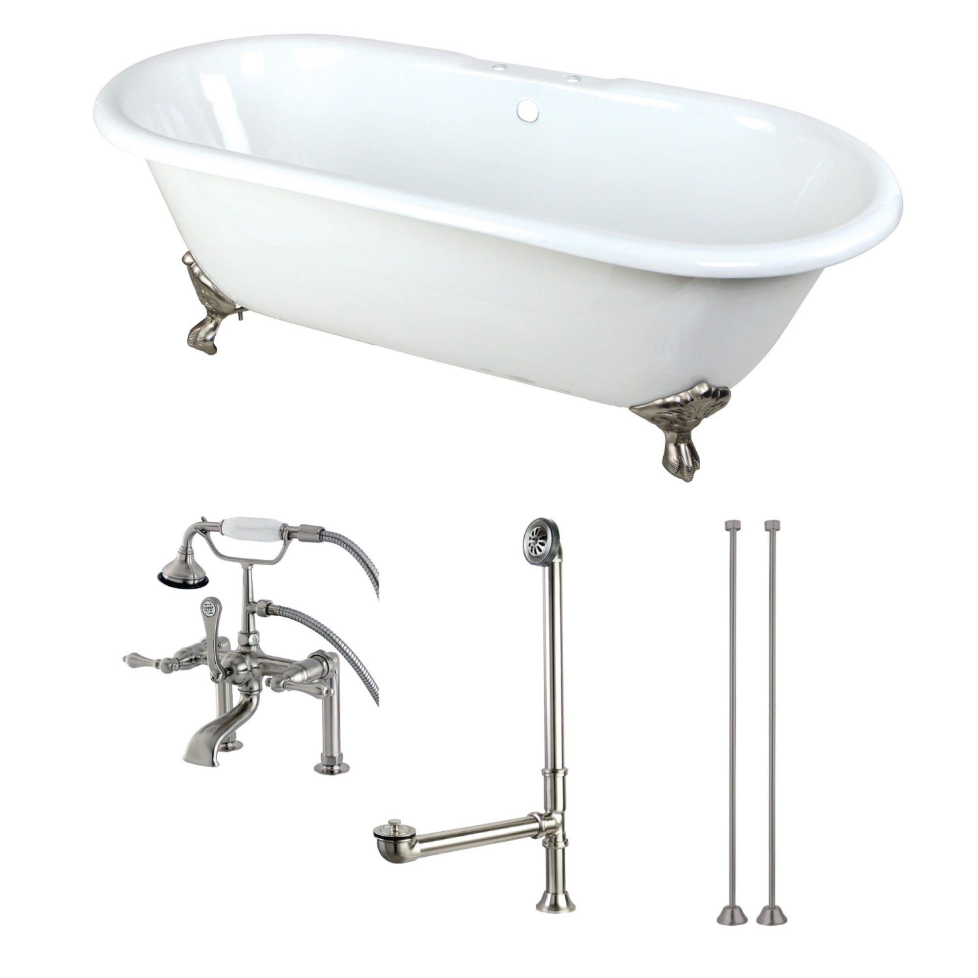 Aqua Eden Kct7D663013C8 66-Inch Cast Iron Double Ended Clawfoot Tub Combo With Faucet And Supply Lines, White/Brushed Nickel