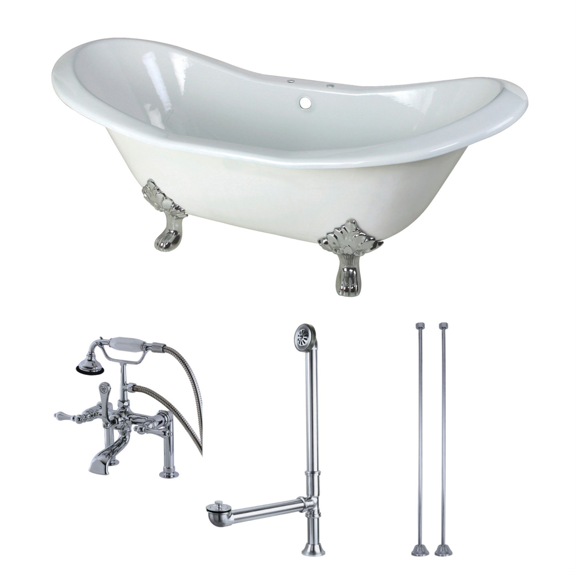 Aqua Eden Kct7D7231C1 72-Inch Cast Iron Double Slipper Clawfoot Tub Combo With Faucet And Supply Lines, White/Polished Chrome