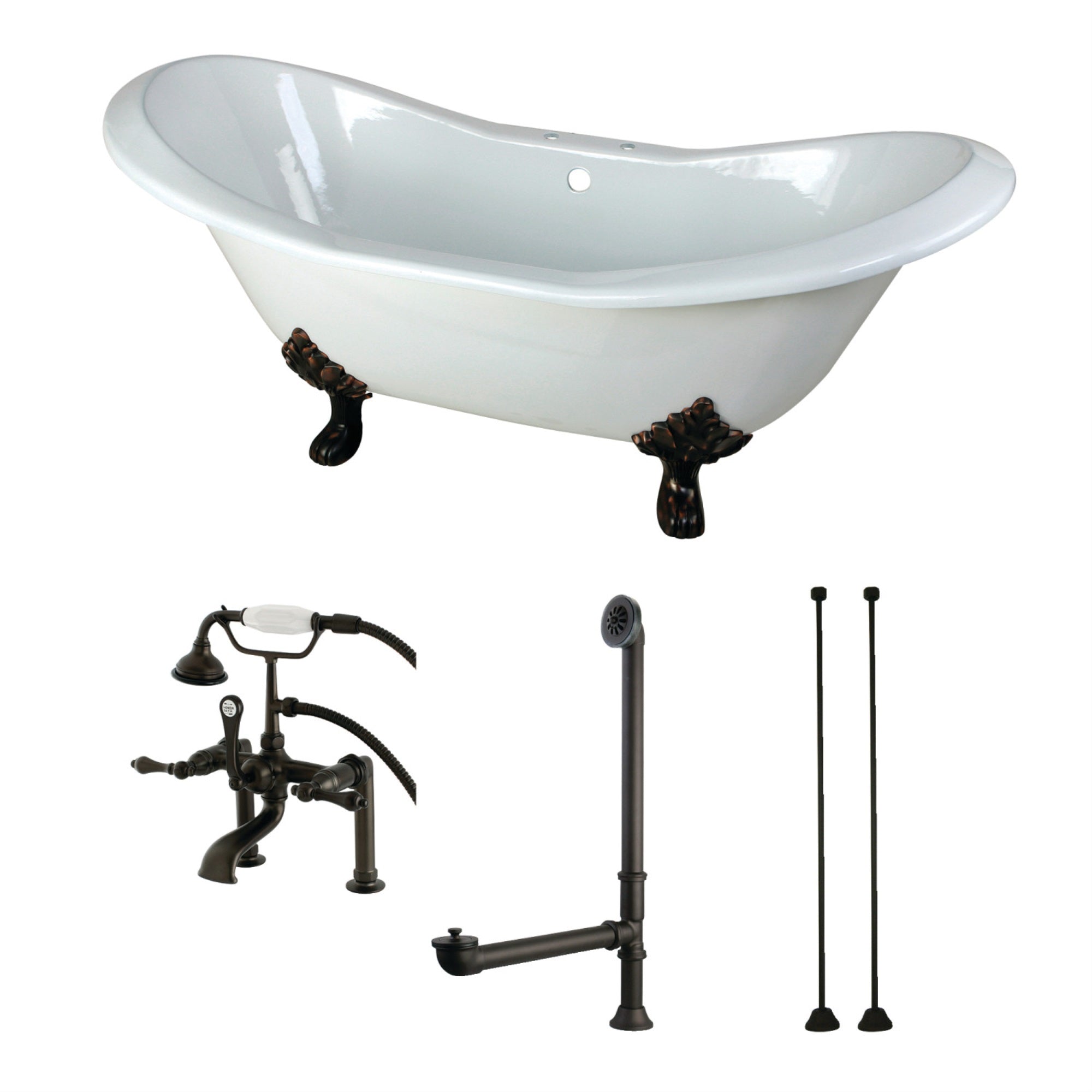 Aqua Eden Kct7D7231C5 72-Inch Cast Iron Double Slipper Clawfoot Tub Combo With Faucet And Supply Lines, White/Oil Rubbed Bronze