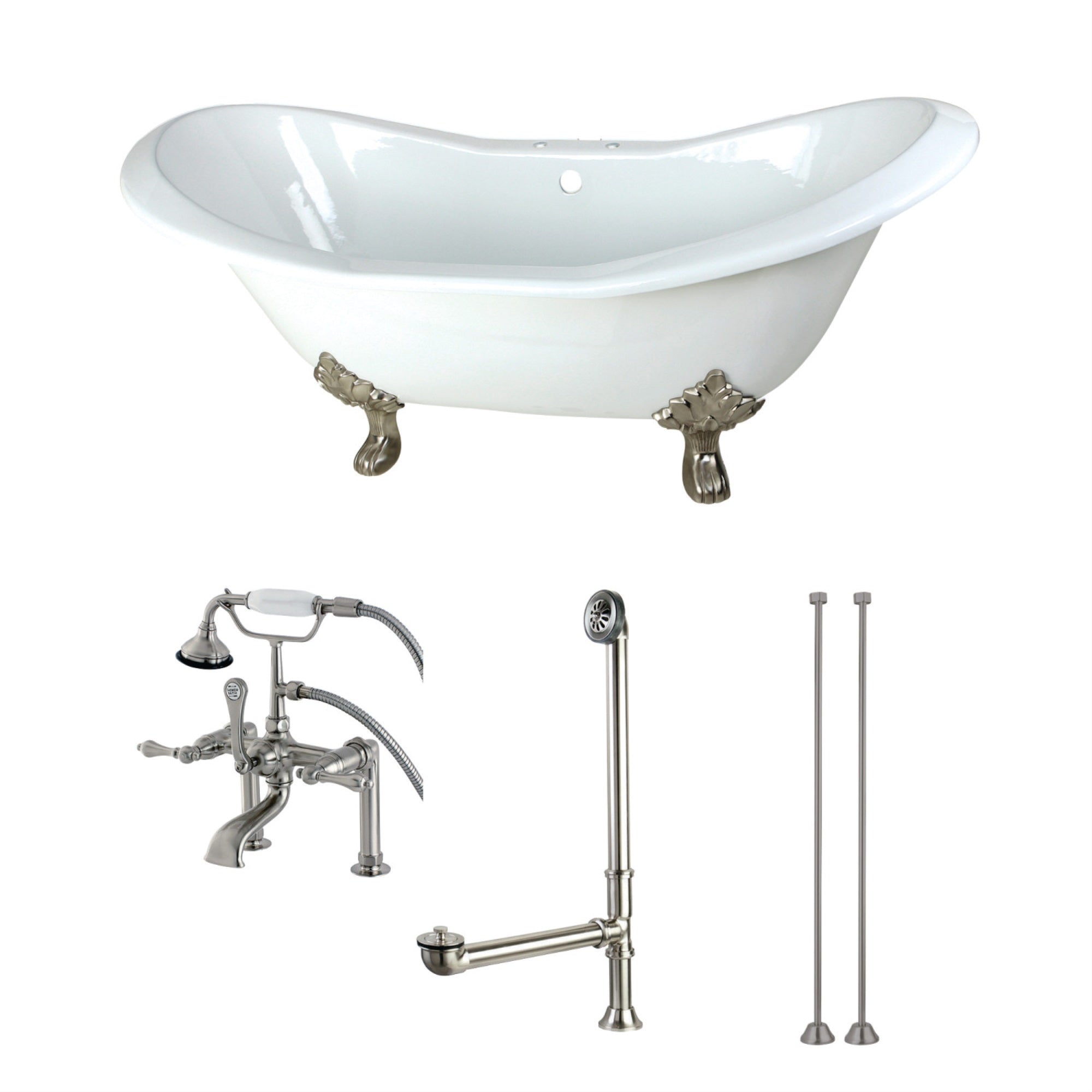Aqua Eden Kct7D7231C8 72-Inch Cast Iron Double Slipper Clawfoot Tub Combo With Faucet And Supply Lines, White/Brushed Nickel
