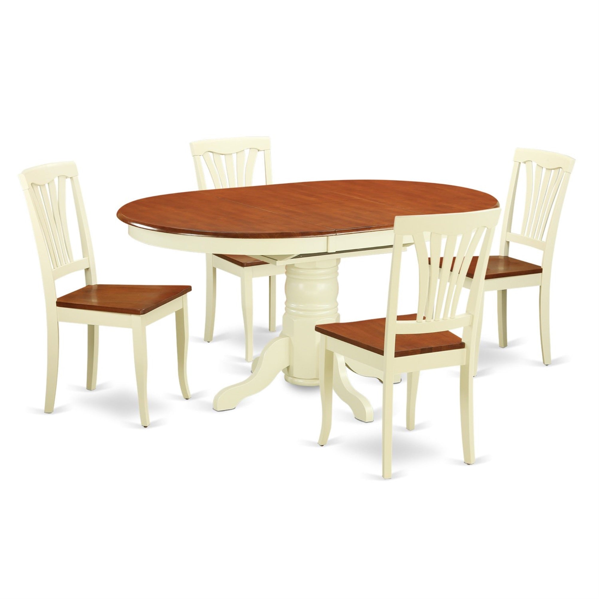 Ergode Keav5-Whi-W, 5-Piece Kitchen Dining Table Set, Oval Table With Butterfly Leaf, 4 Chairs With Wooden Seat, Buttermilk & Cherry, Easy Assembly, High-End Finish