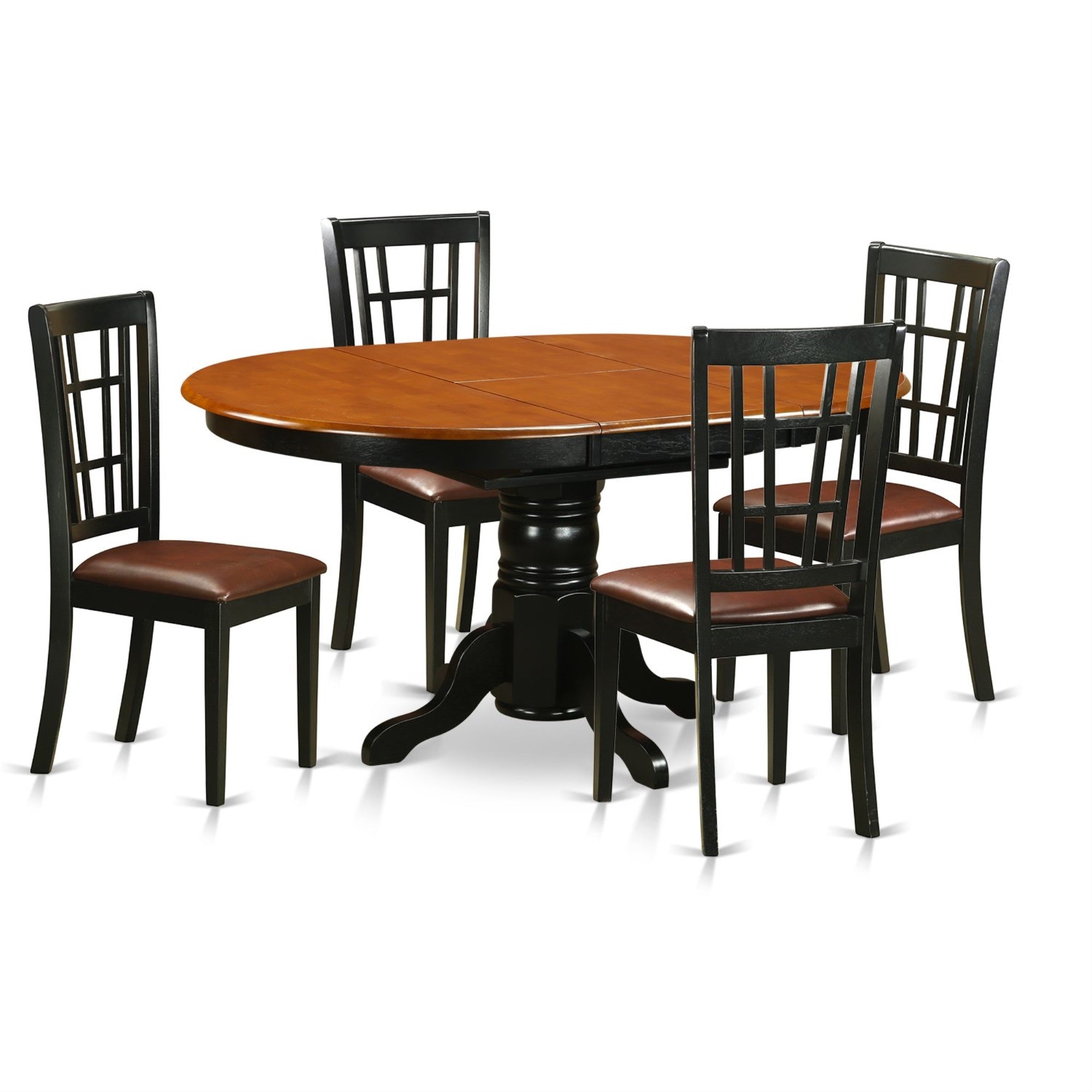Ergode Keni5-Bch-Lc, 5 Pc Dining Set, Oval Table With Butterfly Leaf, 4 Faux Leather Chairs, Slatted Back, Black & Cherry, 42X60 Inch