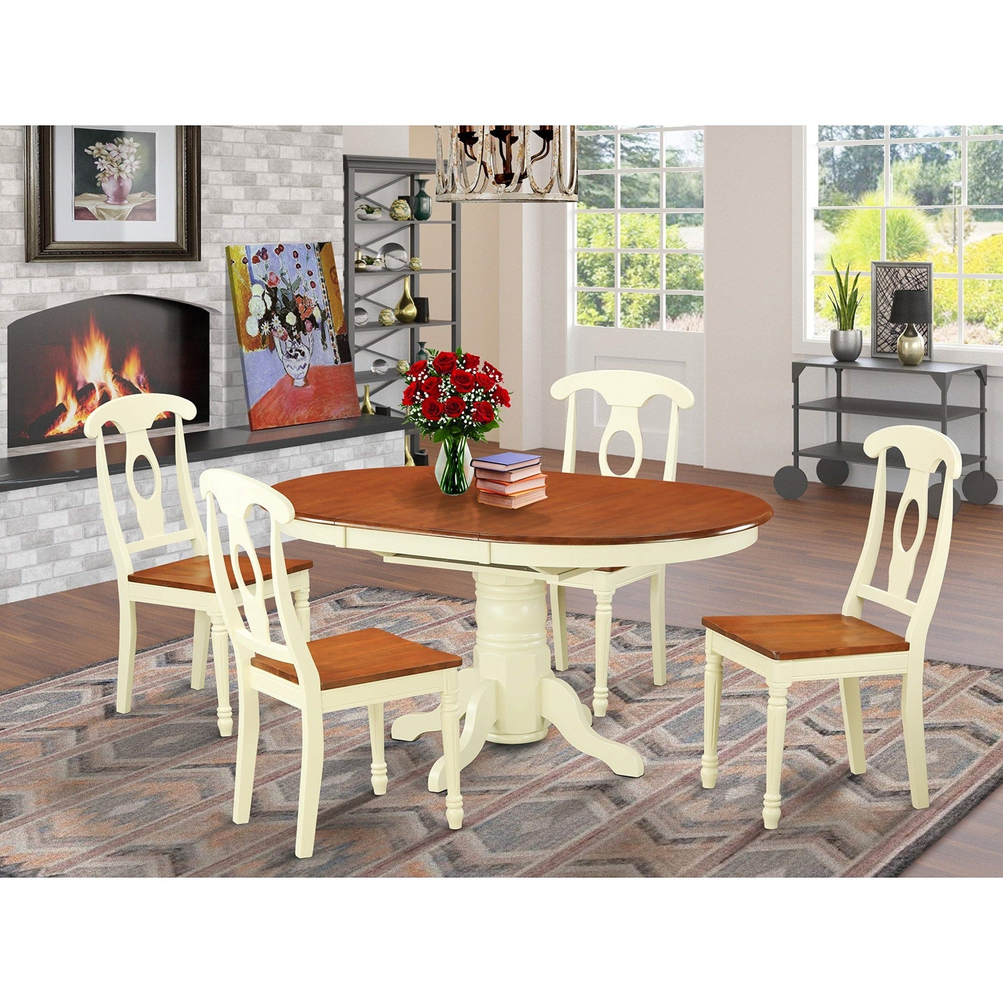 Ergode Kenl5-Whi-W, 5 Piece Modern Dining Table Set, Oval Wooden Table With Butterfly Leaf, 4 Dining Room Chairs, Buttermilk & Cherry, 42X60 Inch