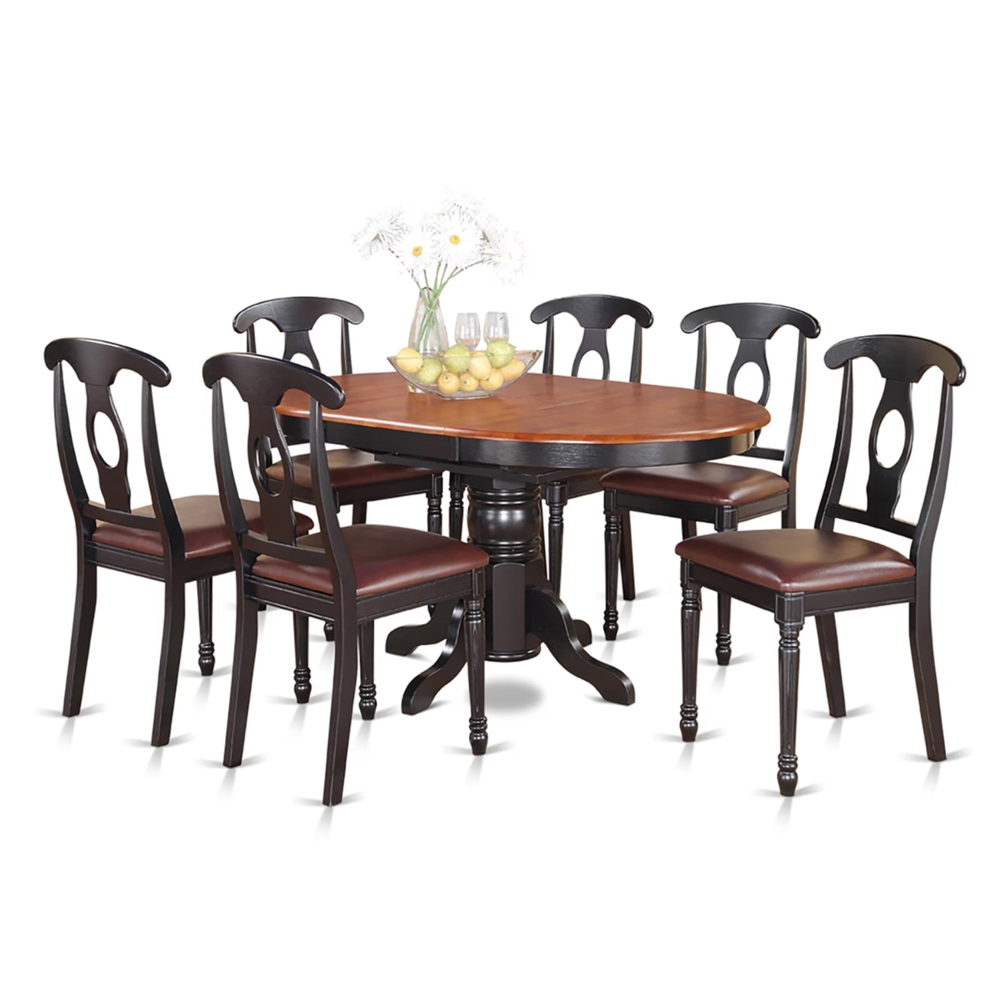 Casafoyer Kenl7-Blk-Lc 7 Piece Modern Dining Table Set Consist Of An Oval Wooden Table With  Leaf And 6 Faux Leather Upholstered Dining Chairs, 42X60 Inch, Black & Cherry
