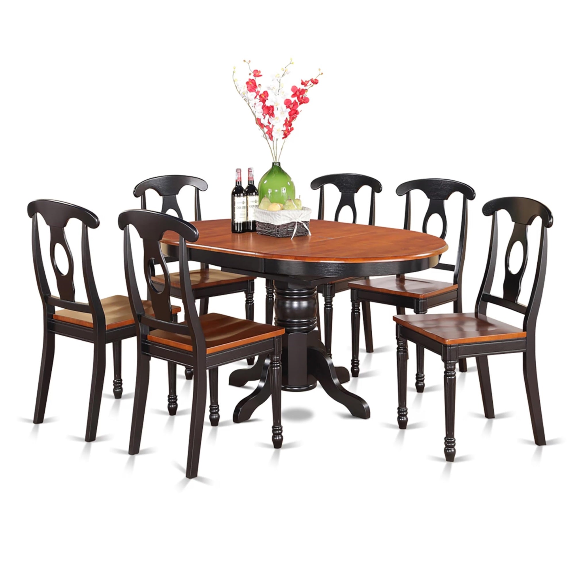 Casafoyer Kenl7-Blk-W 7 Piece Modern Dining Table Set Consist Of An Oval Wooden Table With  Leaf And 6 Kitchen Dining Chairs, 42X60 Inch, Black & Cherry