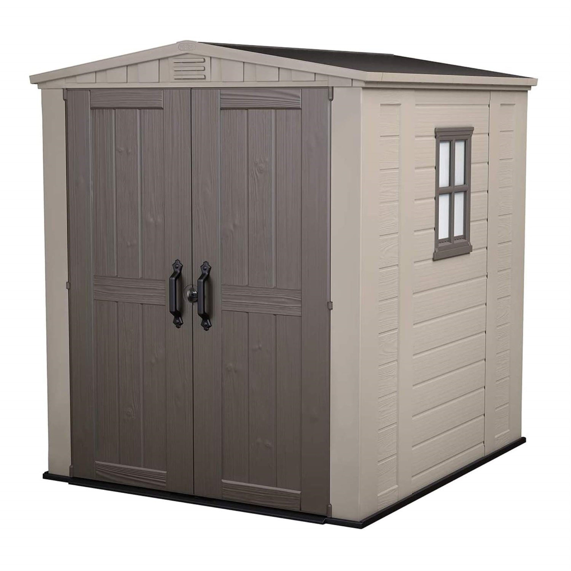 Keter 213562 Factor 6 X 6 All Weather Resistant Resin Outdoor Storage Shed 2 Shelves Included And Built-In Ventilation, Beige And Brown