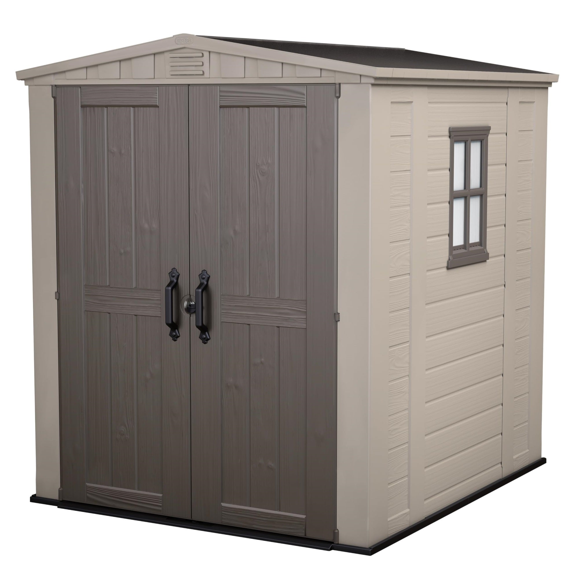 Keter Factor 8X8 Foot Large Resin Outdoor Shed With Floor For Patio Furniture, Lawn Mower, And Bike Storage, Taupe & Brown