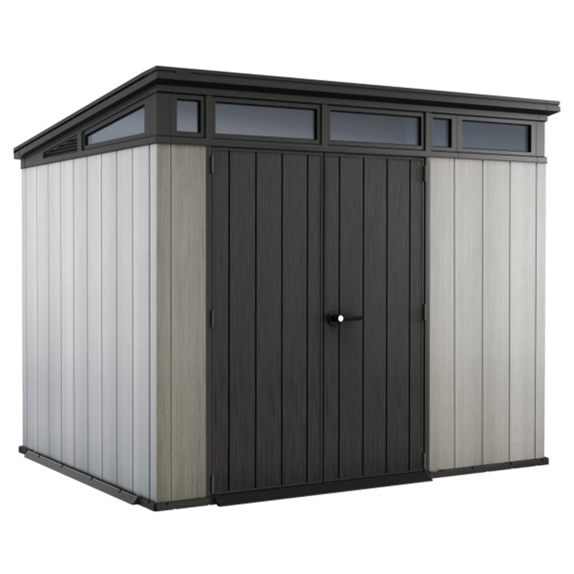 Keter Artisan 9X7 Ft All-Weather Storage Shed With Clear Windows, Built-In Ventilation, Customizable Walls, & Lockable Double Doors, Grey