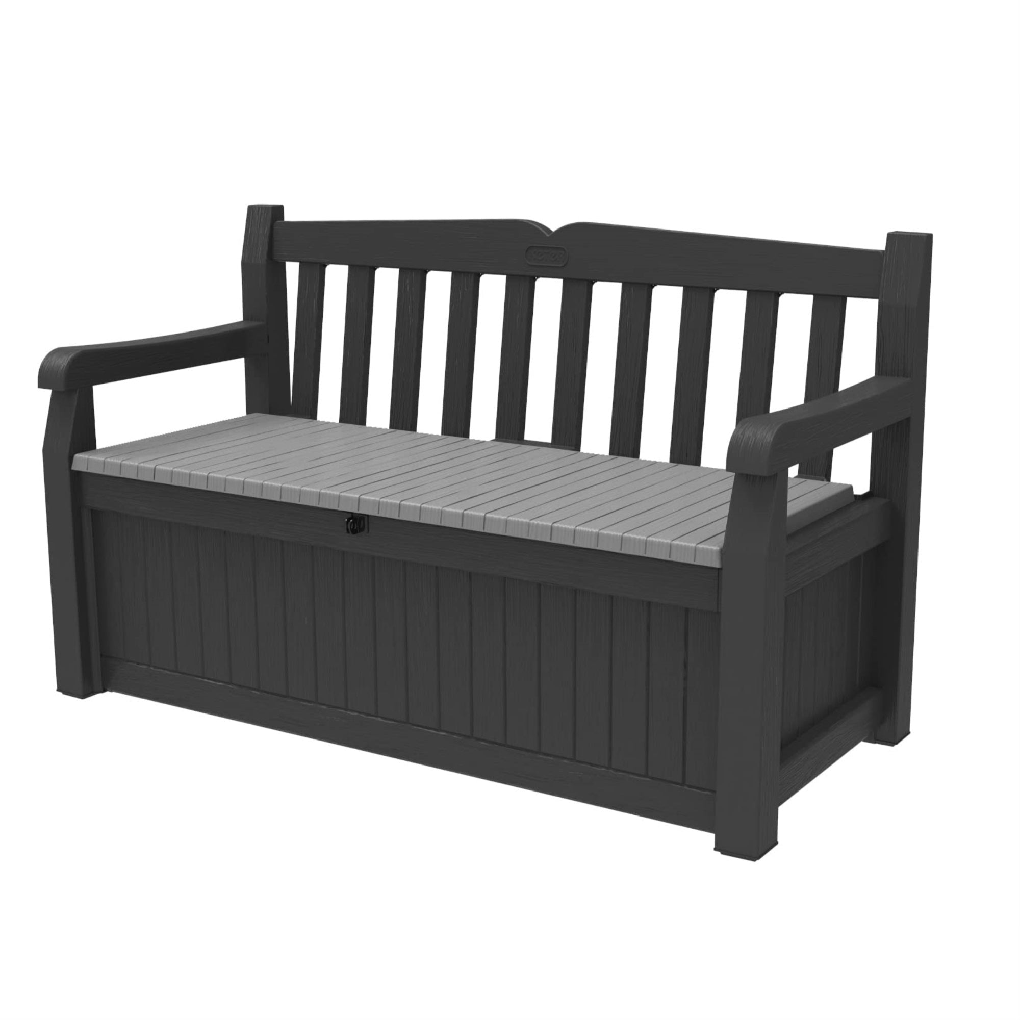 Keter Solana 70 Gallon Storage Bench Deck Box For Patio Furniture, Front Porch Decor And Outdoor Seating - Perfect To Store Garden Tools And Pool Floats, Graphite