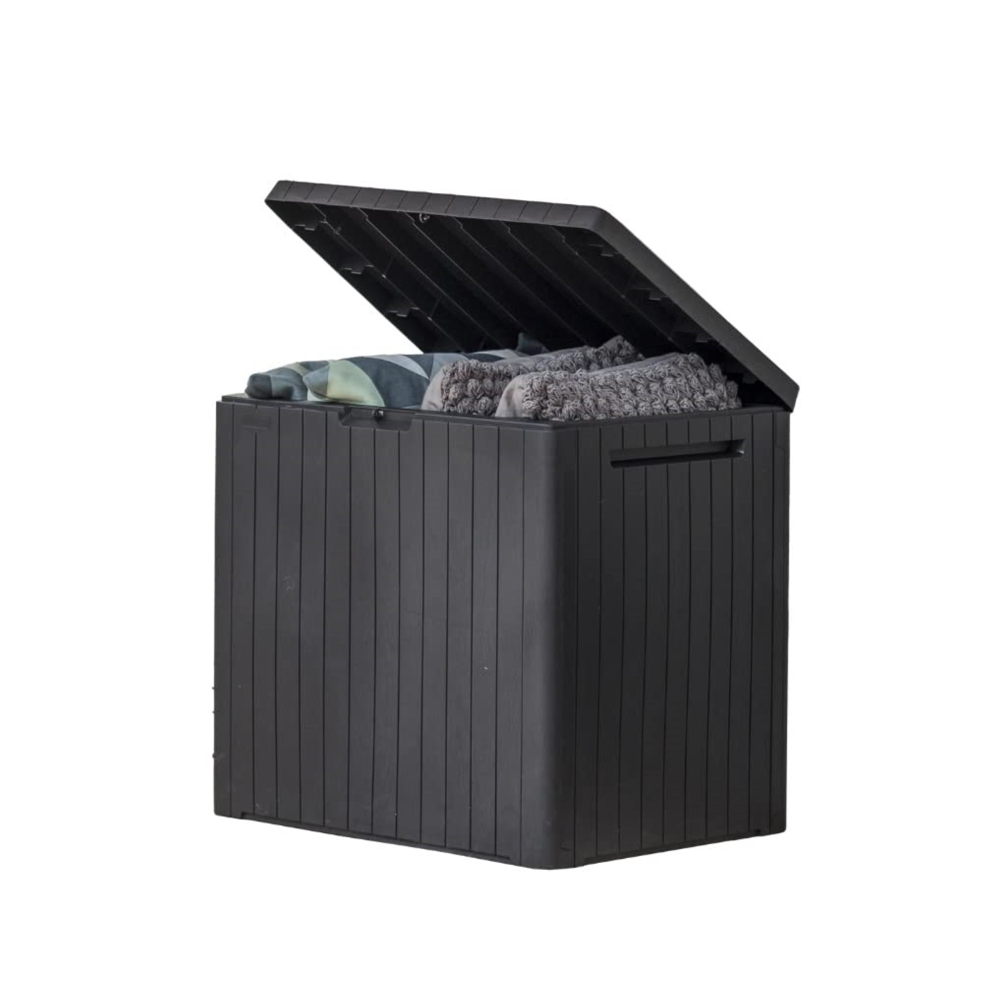 Keter City 30 Gallon Resin Outdoor Storage Box And Patio Furniture Side Table For Pool And Garden Accessories, Dark Grey
