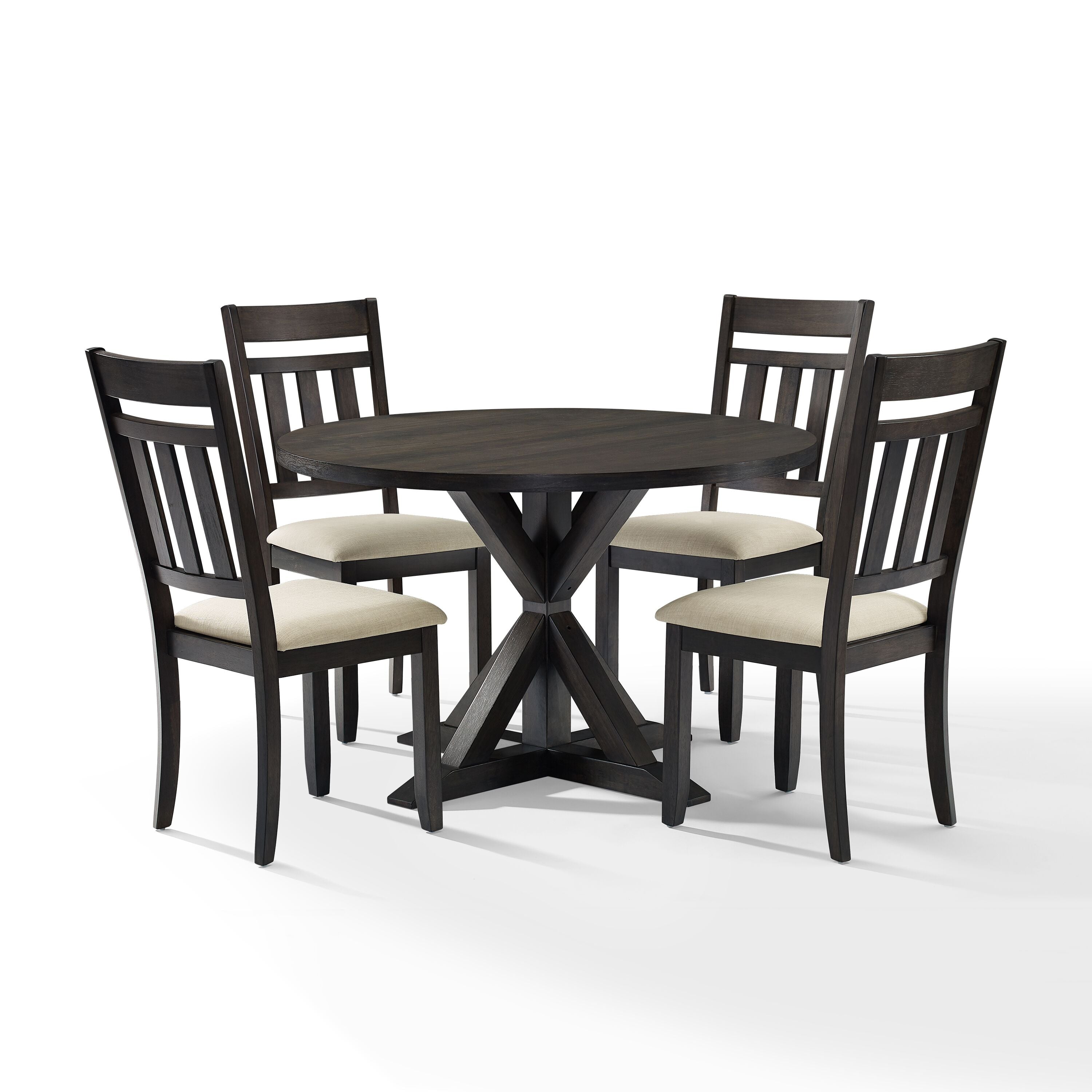 Hayden 5Pc Round Dining Set - Rustic Charm For Modern Farmhouse Decor | Spacious Table For 4 | Pedestal Base & Slat Back Design