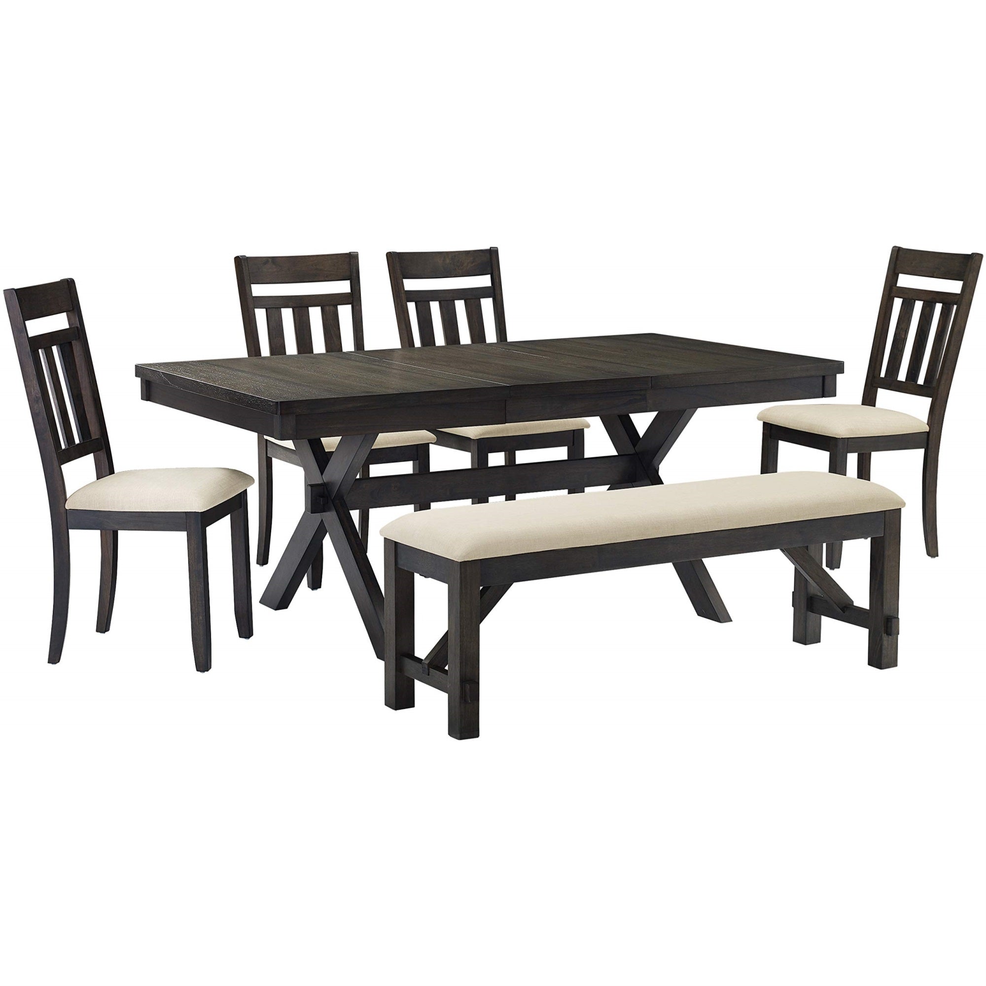 Casafoyer Furniture Hayden 6-Piece Modern Farmhouse Dining Table Set For 7 With 4 Slat Back Chairs And A Bench, Slate