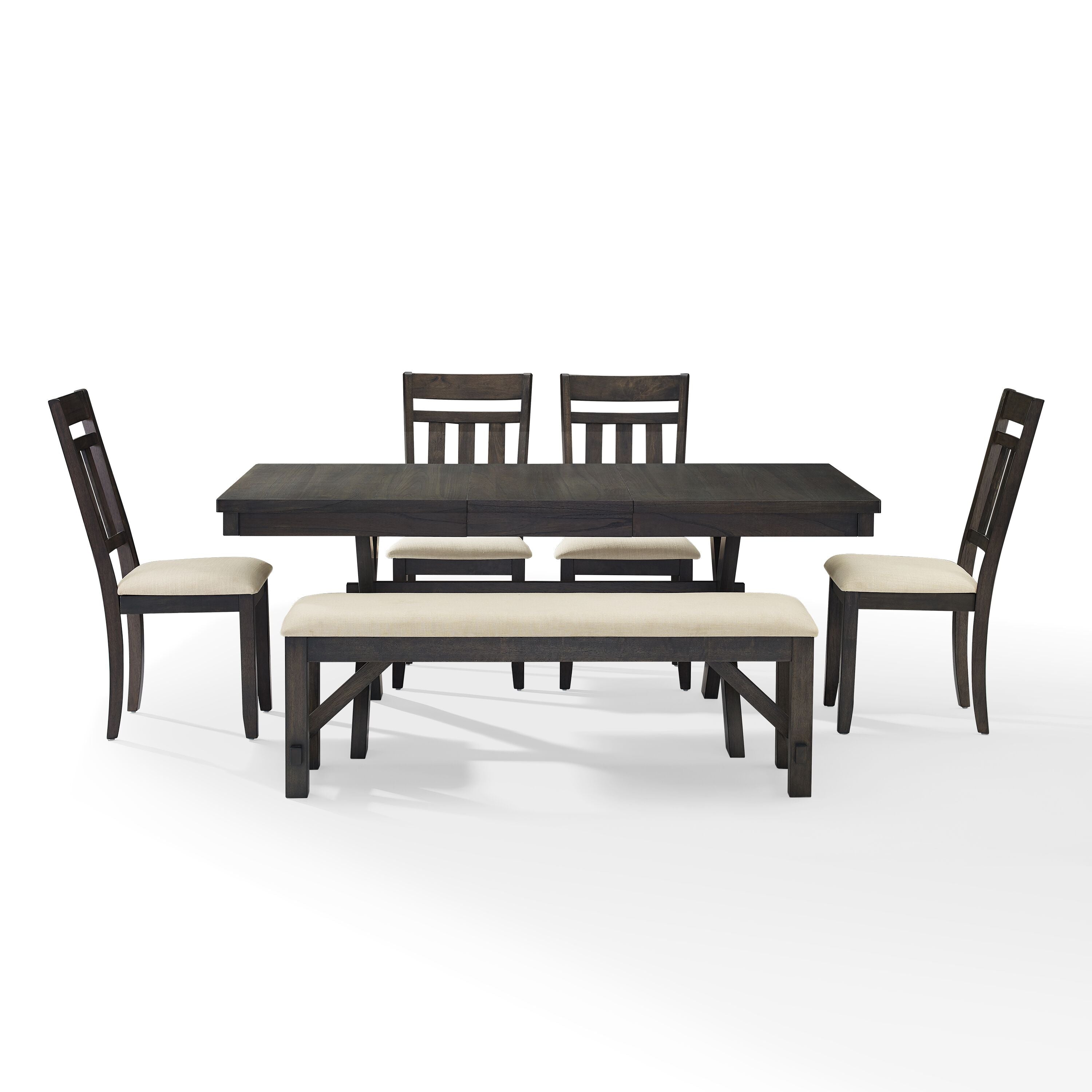 Hayden 6Pc Dining Set | Rustic Farmhouse Style | Table With 18' Extension Leaf | 4 Chairs, Bench | X-Shaped Legs | Slat Back Design