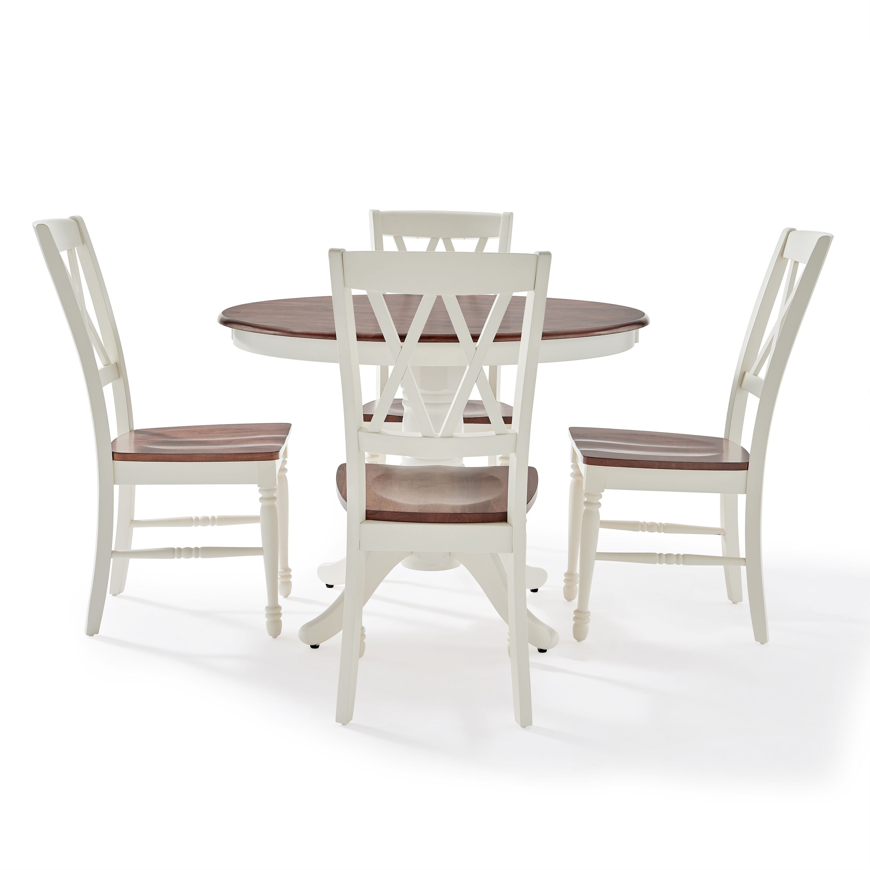 Shelby 5 Piece Round Dining Set | Traditional Style | Sturdy Wood | Turned Legs | X-Back Chairs | Pedestal Base | Farmhouse & Traditional Aesthetics