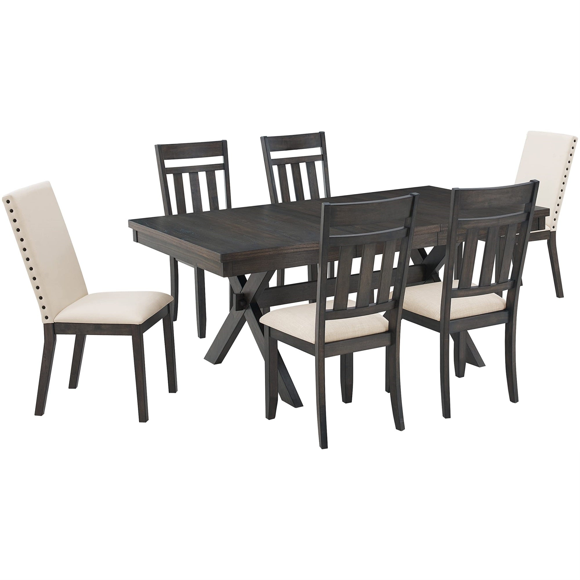 Casafoyer Furniture Hayden 7-Piece Modern Farmhouse Dining Table Set For 6 With 4 Slat And 2 Parsons Chairs, Slate