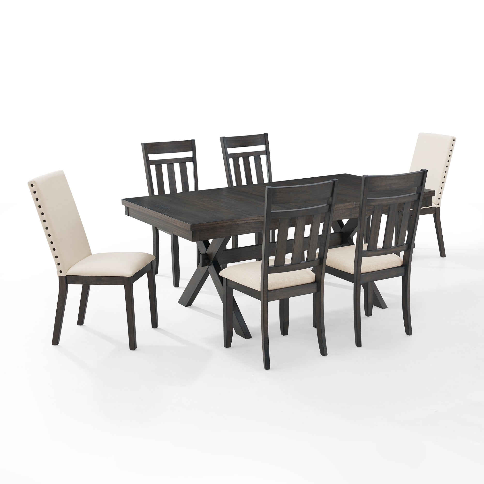 Hayden 7Pc Dining Set - Rustic Charm & Sophistication, X-Shaped Legs, Extendable Table, 4 Slat Back & 2 Parsons Style Chairs. Perfect For Family Gatherings.