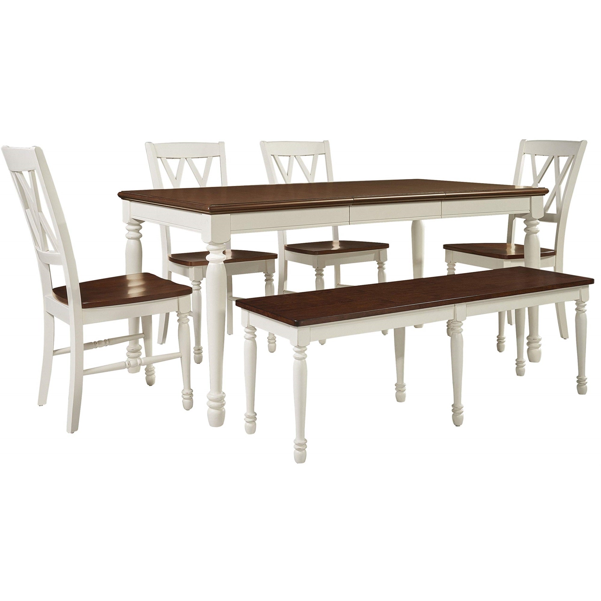 Casafoyer Furniture Shelby 6-Piece Traditional Dining Table Set For 7 With 4 Chairs And A Wood Bench, Distressed White