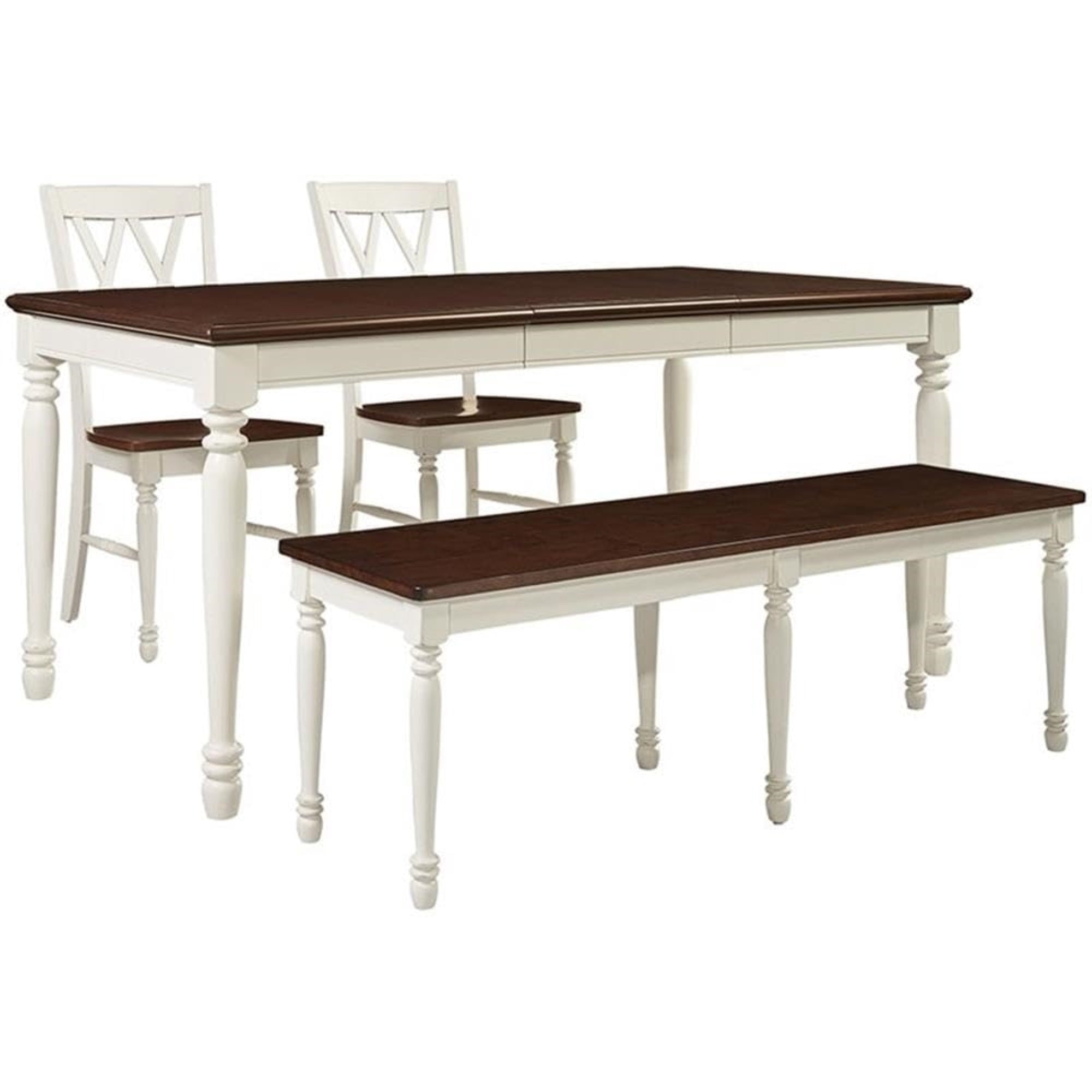 Casafoyer Furniture Shelby 4-Piece Traditional Dining Table Set For 5 With 2 Chairs And A Wood Bench, Distressed White