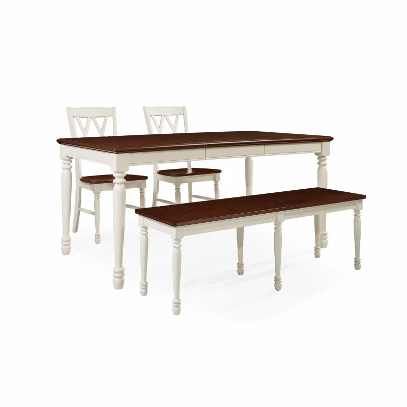 Shelby 4Pc Dining Set - Expandable Table, Bench & Chairs | Classic Design | Seats 6 | Distressed White Finish
