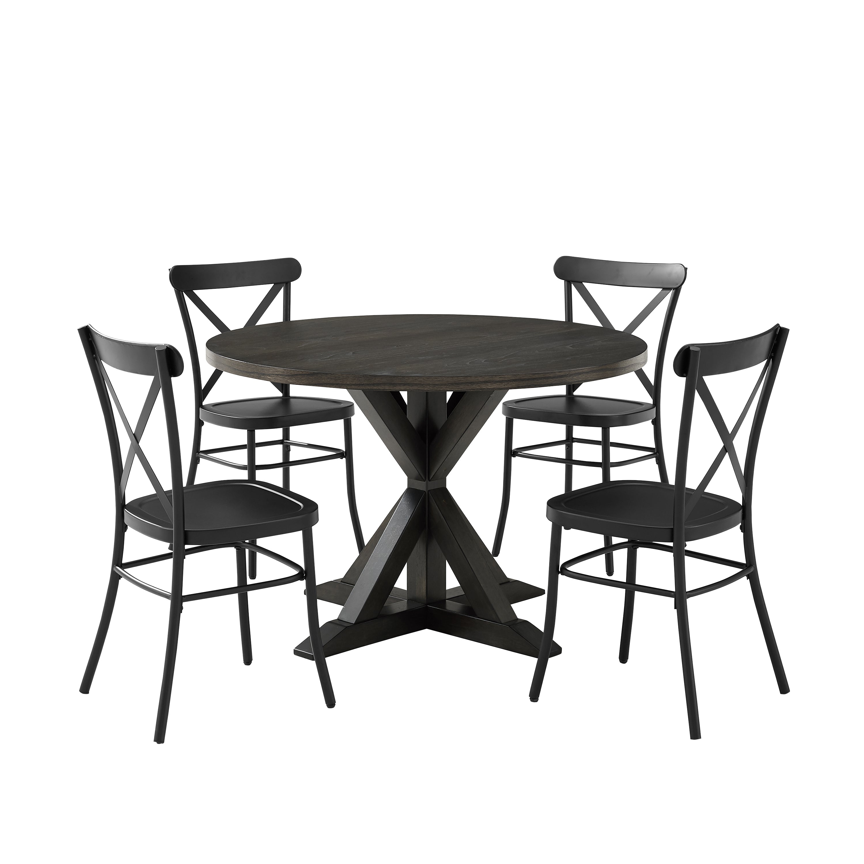Hayden Round Dining Set With Camille Chairs - Rustic Wood And Steel, Modern Farmhouse Style - 5Pc Round Table, X-Back Chairs