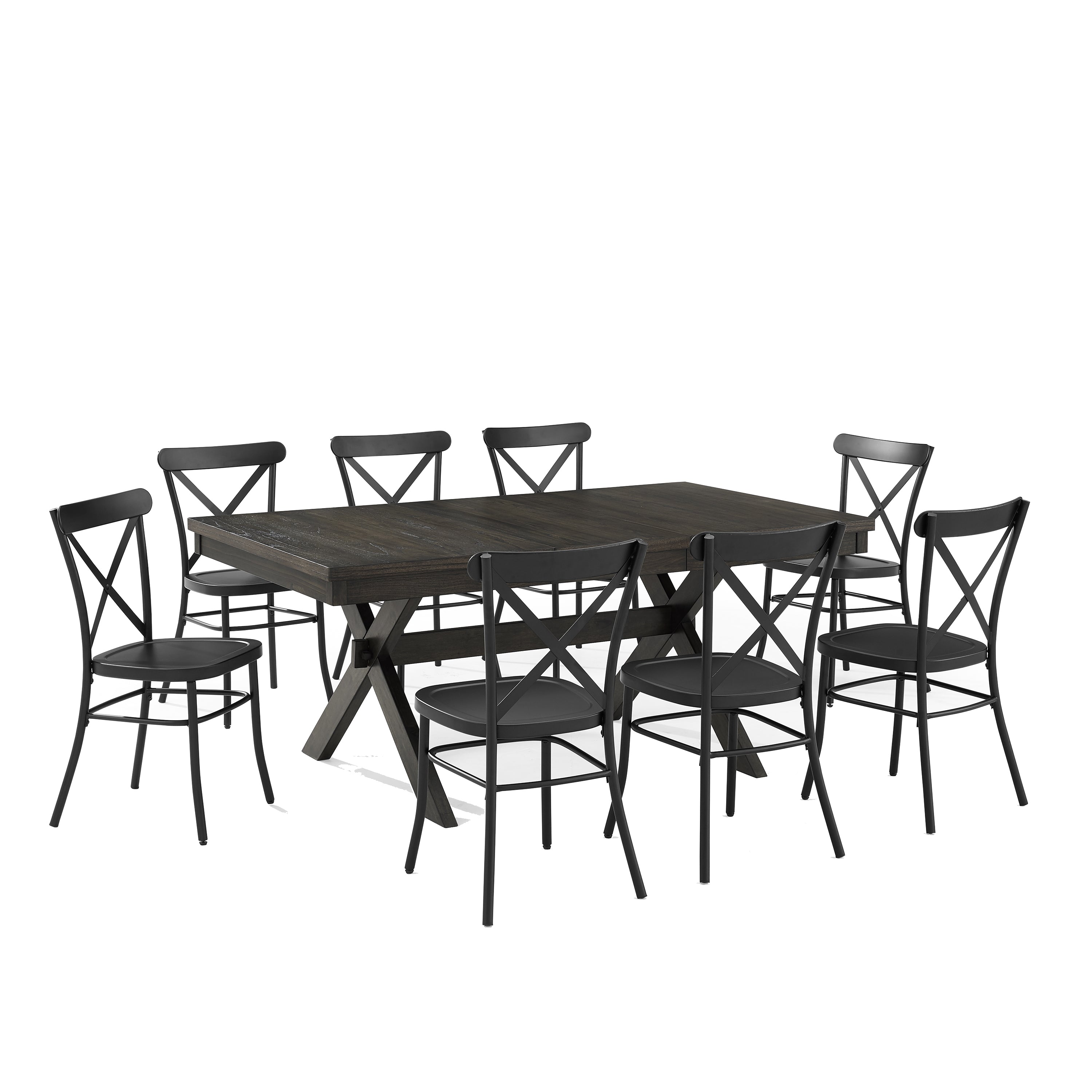 Hayden Dining Set With Camille Chairs - Rustic Wood And Steel, Expandable Table, 8 X-Back Chairs, Trestle Base - Modern Farmhouse Style