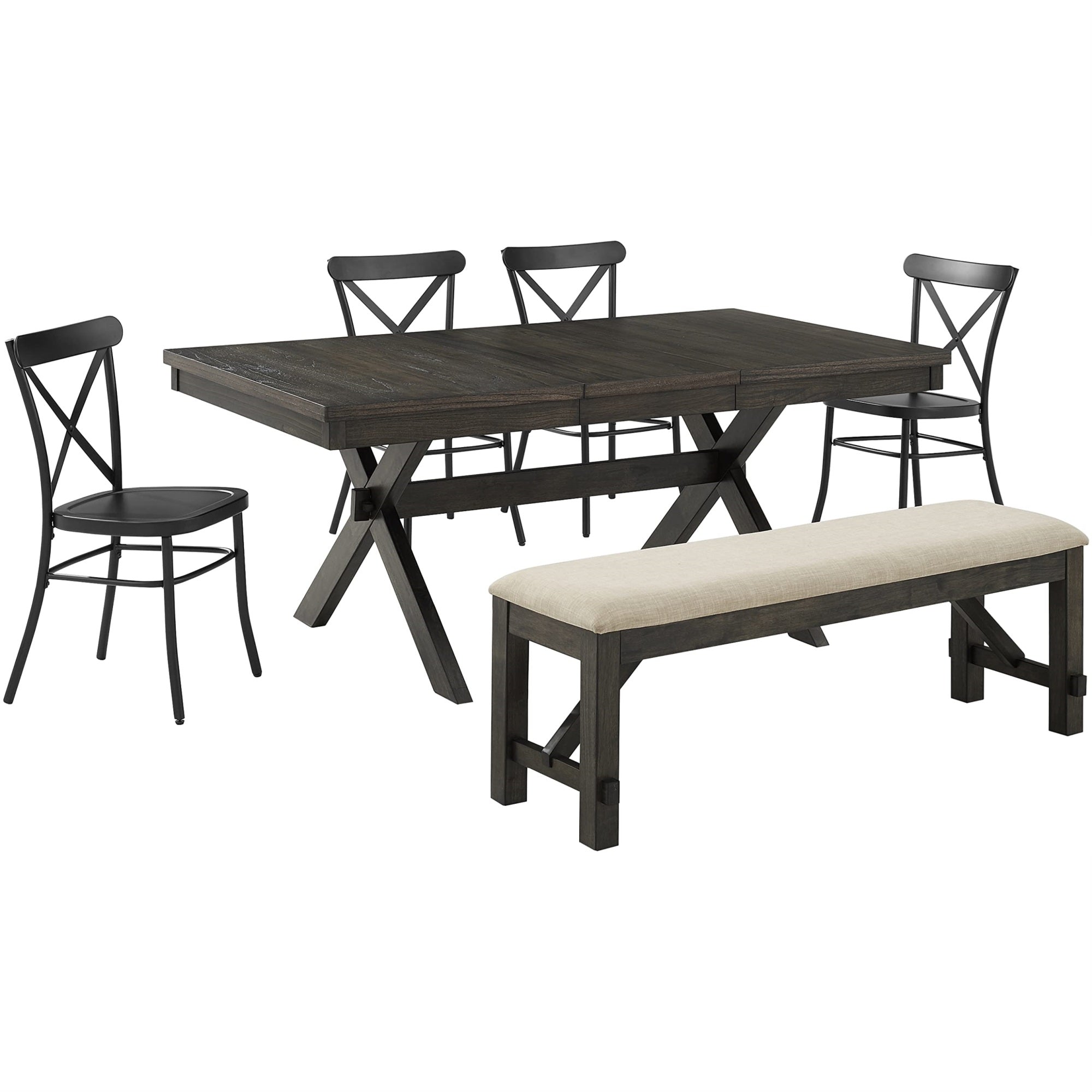 Casafoyer Furniture Hayden 6-Piece Modern Farmhouse Dining Table Set For 7 With 4 Metal Chairs And A Bench, Slate