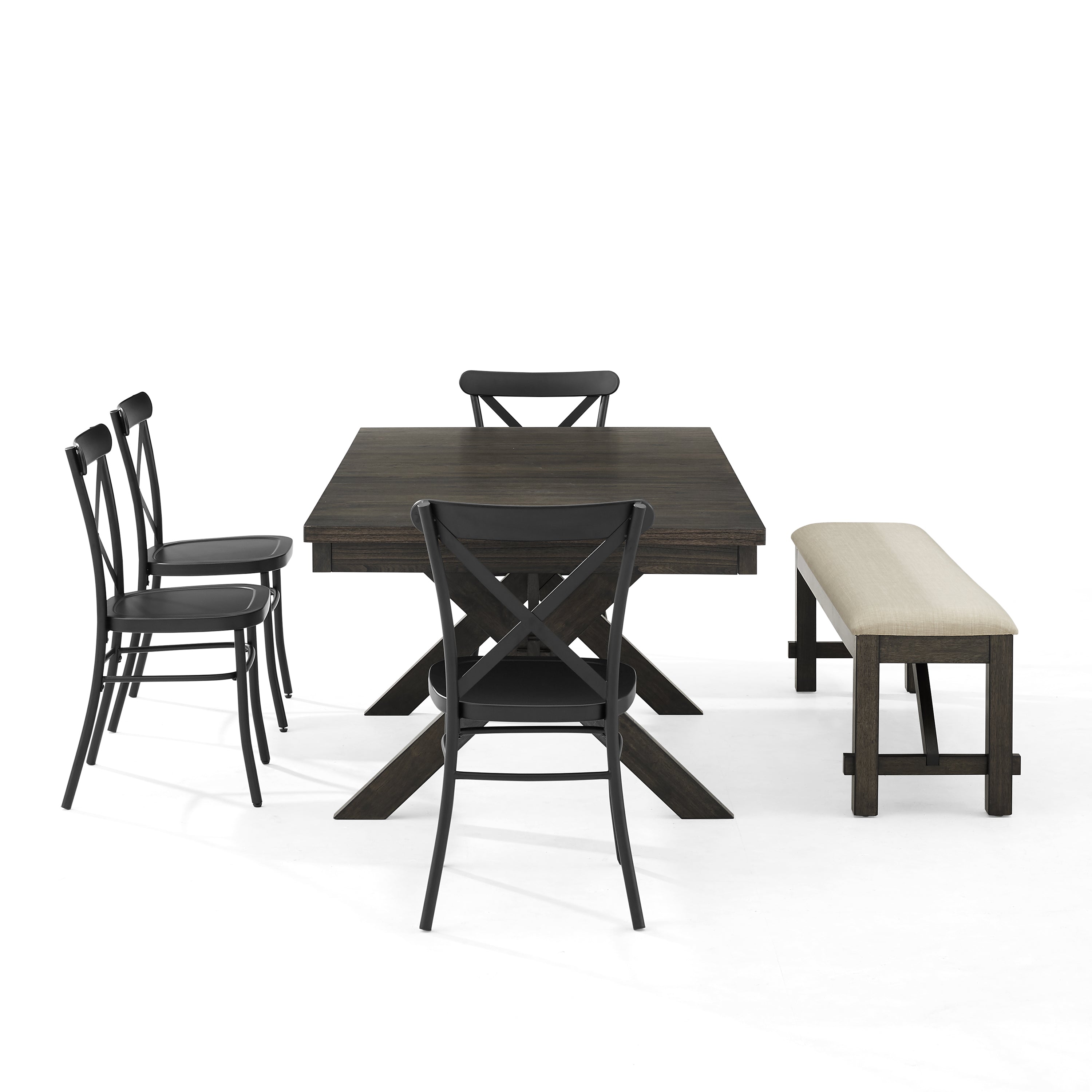 Hayden Dining Set With Camille Chairs - Rustic Wood & Sturdy Steel - Expandable Table - 6Pc Set With Bench & X-Back Chairs