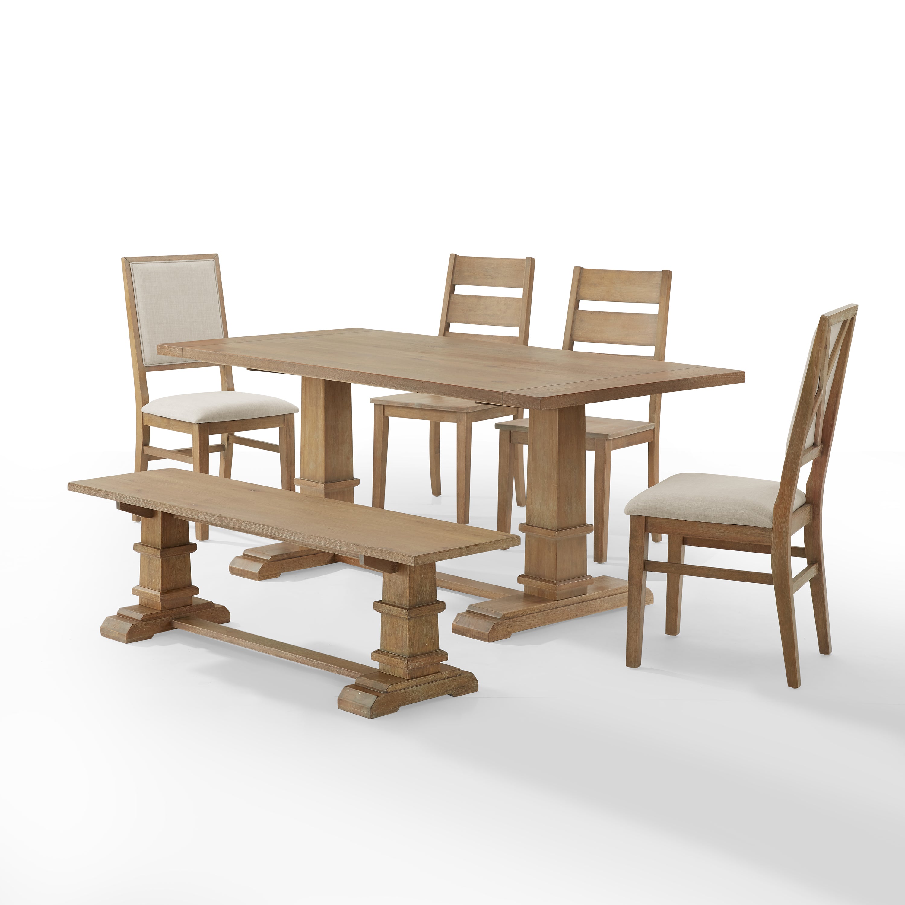 Joanna 6Pc Dining Set Rustic Brown - Table, Bench, 2 Ladder Back Chairs, & 2 Upholstered Chairs