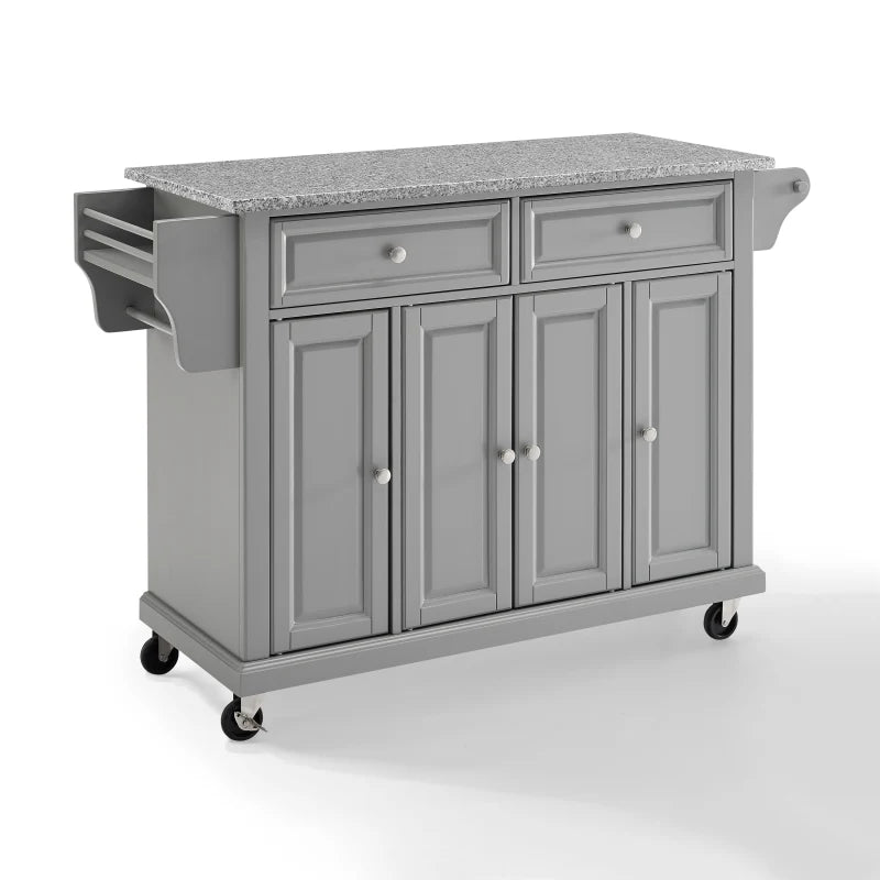 Sleek And Durable Full-Size Kitchen Cart With Granite Countertop, Mobile Storage, Cabinets, Drawers, Spice Rack, And Paper Towel Holder - 160.5'H X 51.5'W X 18'D