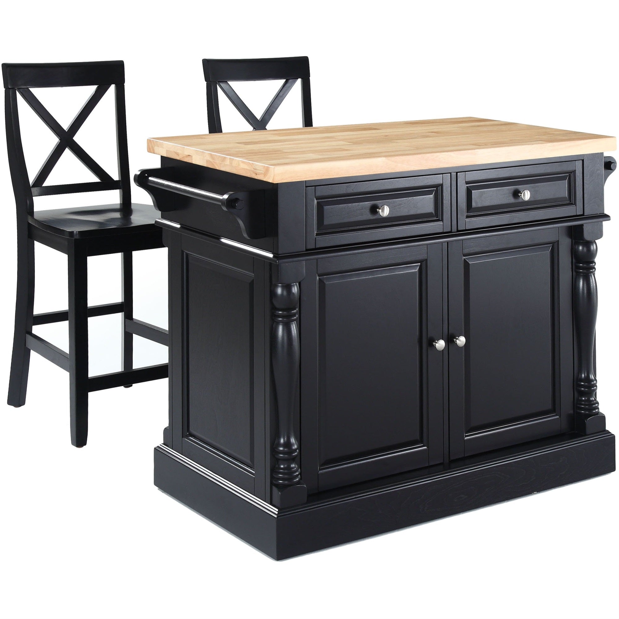 Casafoyer Furniture Oxford Butcher Block Kitchen Island, Coffee Bar, With A Set Of 2 X-Back Stools, Black