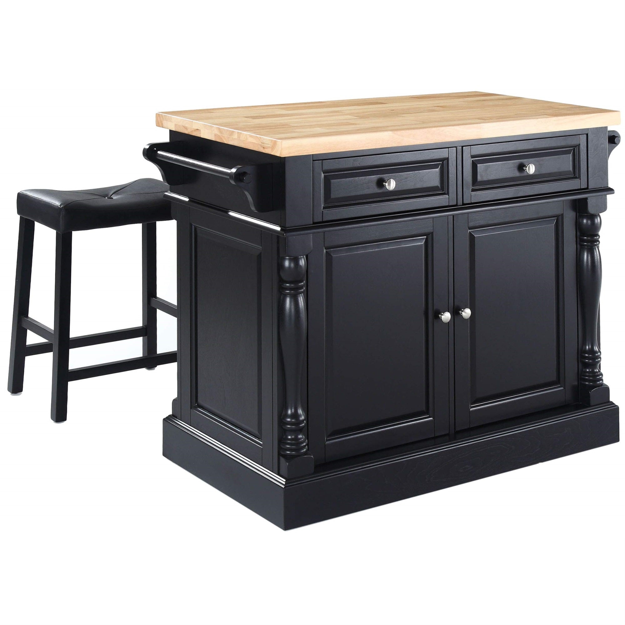 Casafoyer Furniture Oxford Butcher Block Kitchen Island, Coffee Bar, With A Set Of 2 Upholstered Saddle Stools, Black