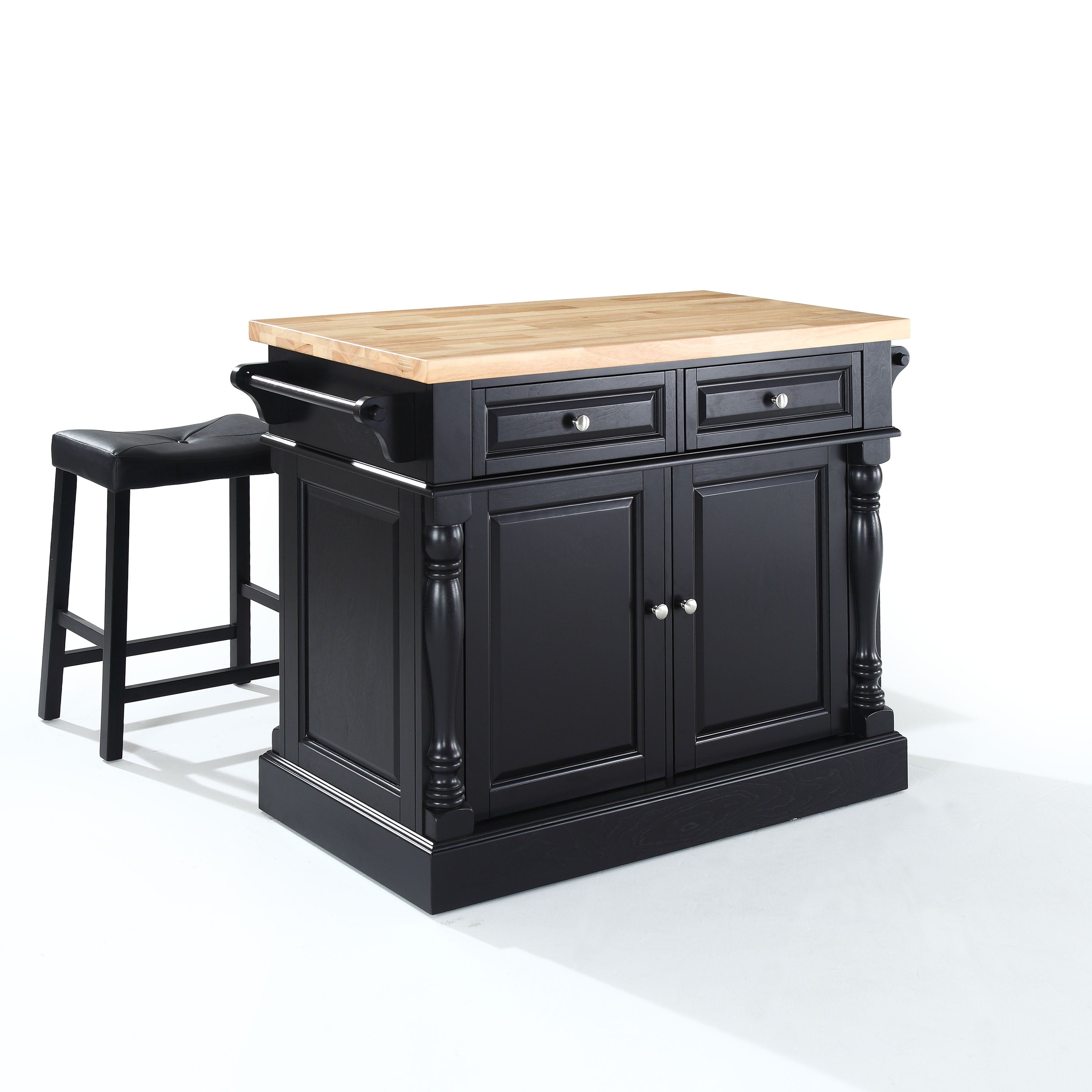 Oxford Butcher Block Top Kitchen Island In Black Finish With 24' Black Upholstered Saddle Stools