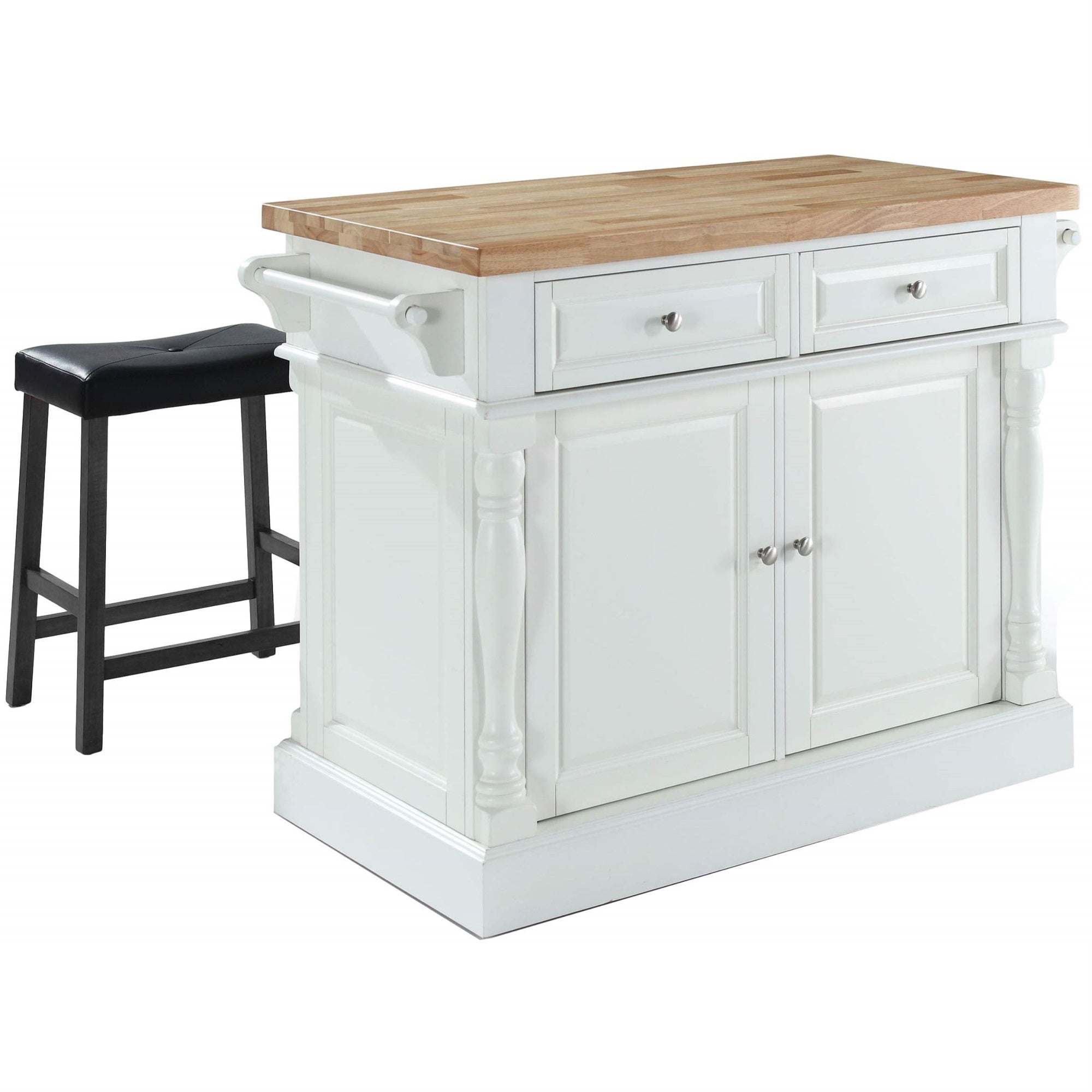 Casafoyer Furniture Oxford Butcher Block Kitchen Island, Coffee Bar, with a Set of 2 Upholstered Saddle Stools, White/Black