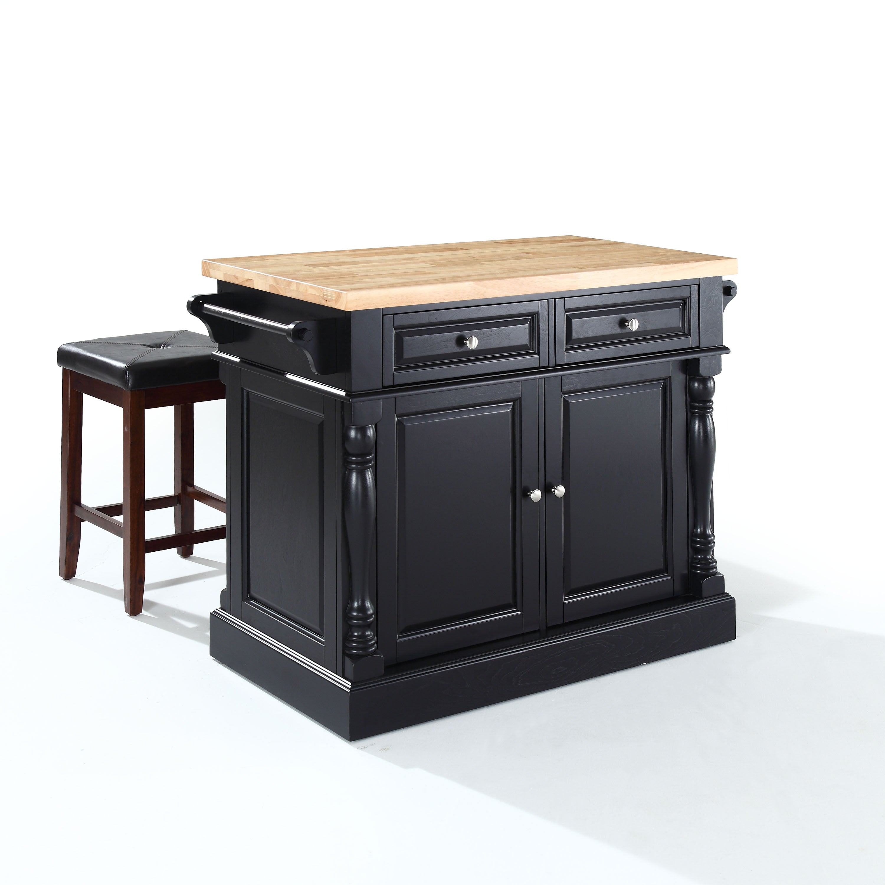 Oxford Butcher Block Top Kitchen Island In Black Finish With 24' Black Upholstered Square Seat Stools