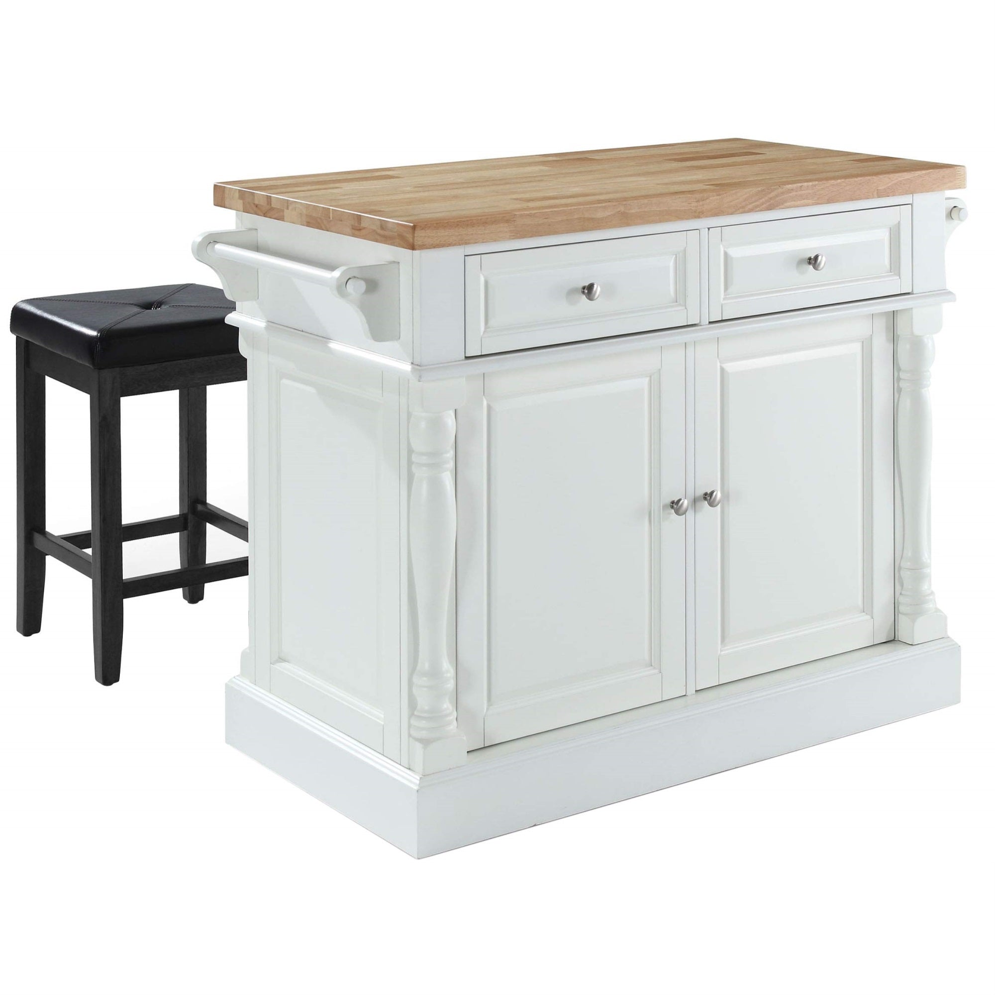 Casafoyer Oxford Butcher Block Kitchen Island, Coffee Bar, with a Set of 2 Square Seat Stools, White/Black