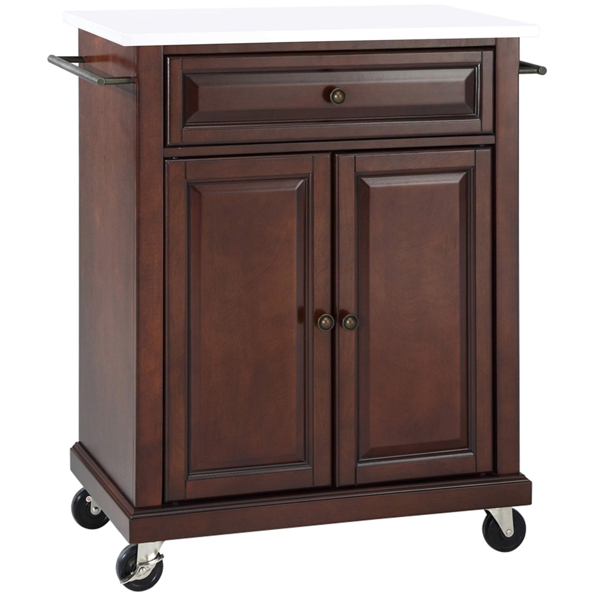 Casafoyer Furniture Compact Stone Top Small Rolling Cart With Shelves, Microwave Stand With Towel Rack, Mahogany