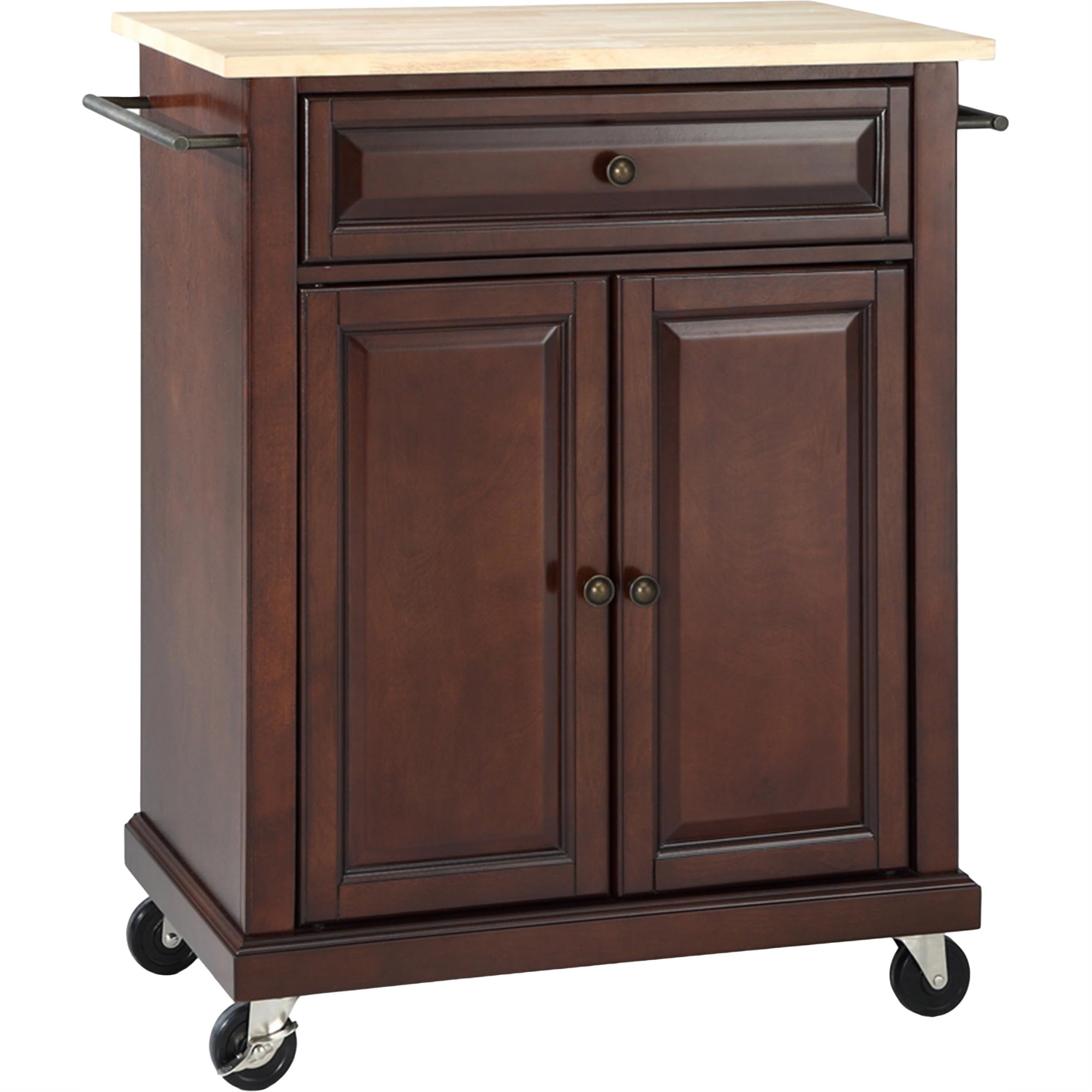 Casafoyer Furniture Compact Wood Top Small Rolling Cart With Shelves, Microwave Stand With Towel Rack, Mahogany