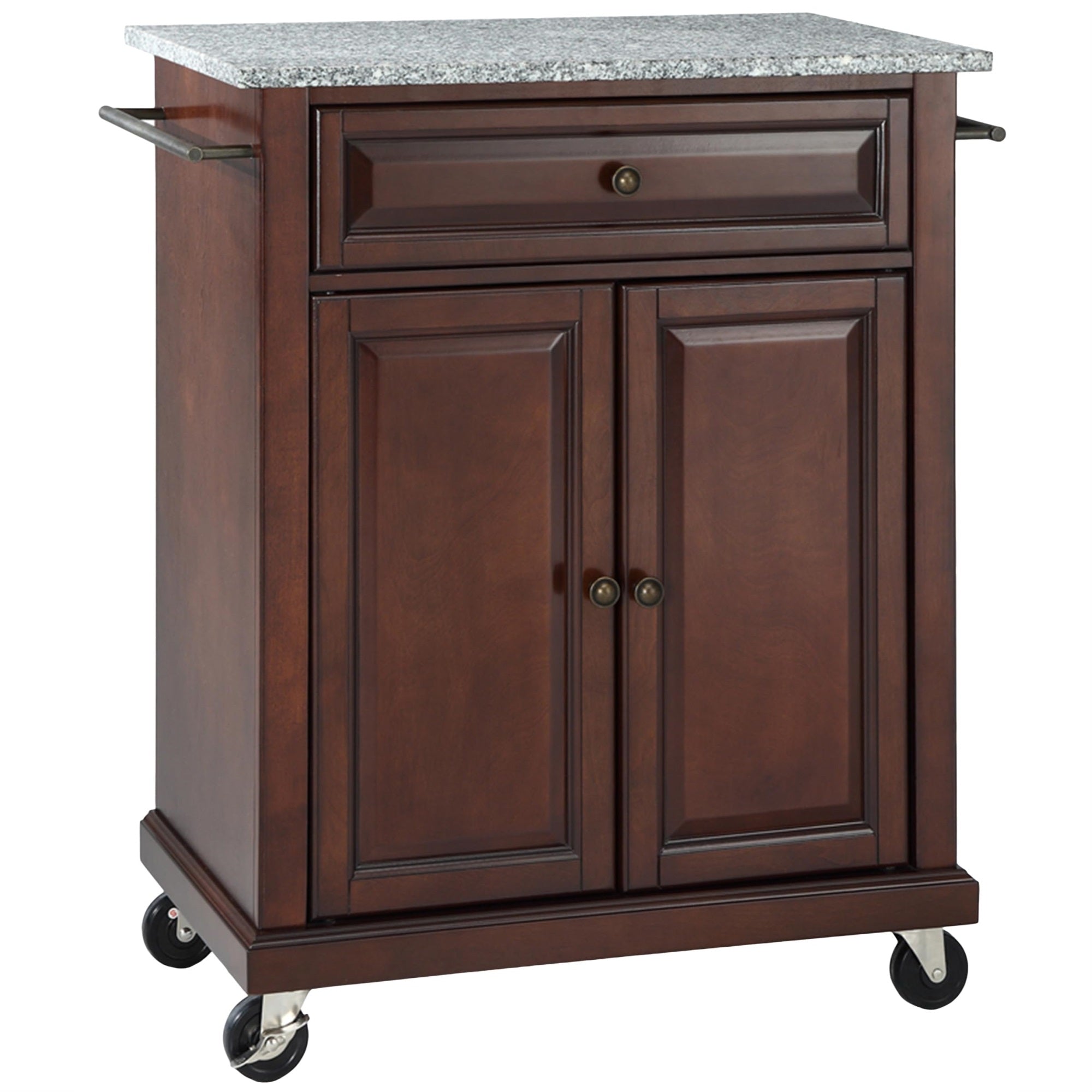 Casafoyer Furniture Compact Granite Top Small Rolling Cart With Shelves, Microwave Stand With Towel Rack, Mahogany