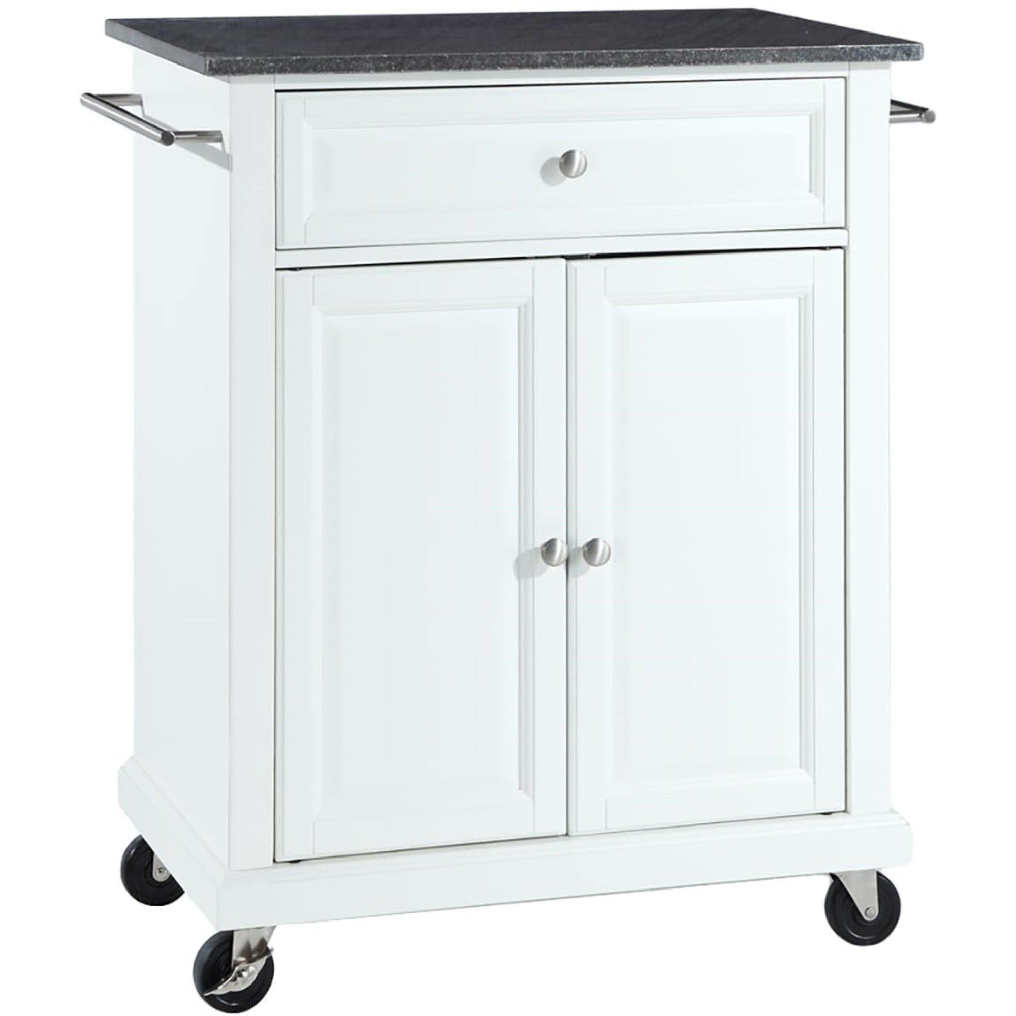 Casafoyer Furniture Compact Granite Top Small Rolling Cart With Shelves, Microwave Stand With Towel Rack, White