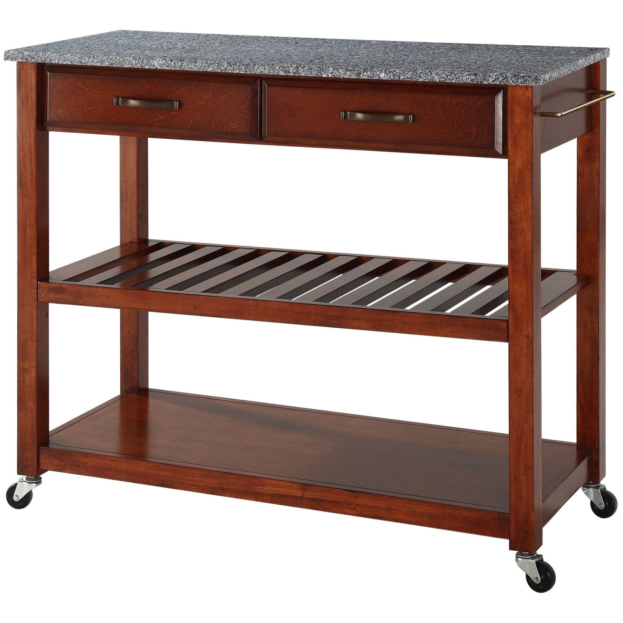 Casafoyer Furniture Granite Top Kitchen Prep Rolling Cart, Microwave Stand, Coffee Bar, With Shelves, Cherry