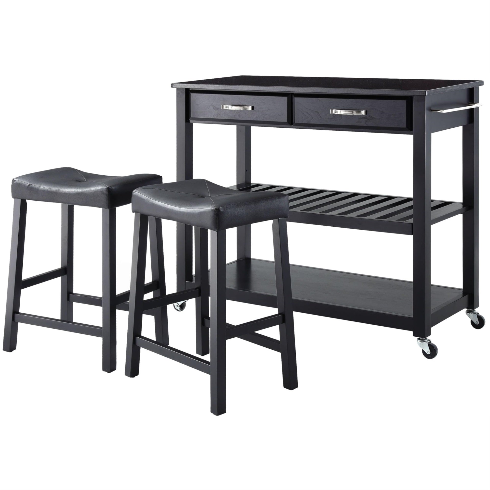 Casafoyer Furniture Granite Top Kitchen Prep Rolling Cart, Coffee Bar, With Set Of 2 Upholstered Saddle Stools, Black