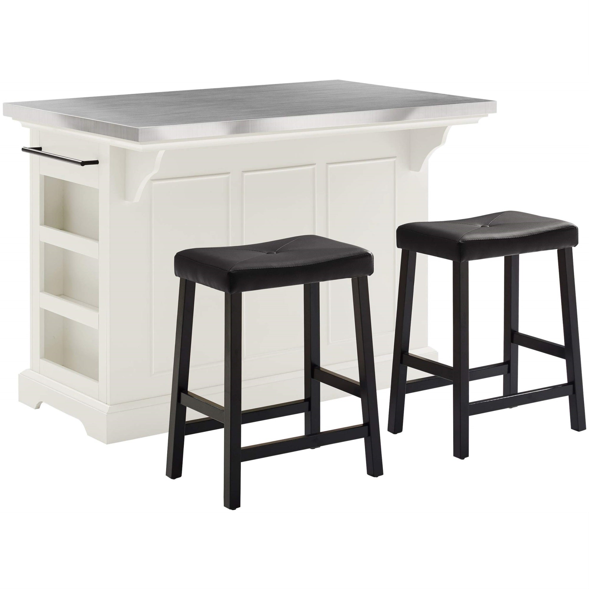 Casafoyer Furniture Julia Stainless Steel Top Island With Storage, Coffee Bar, And Set Of 2 Upholstered Saddle Stools, White/Black