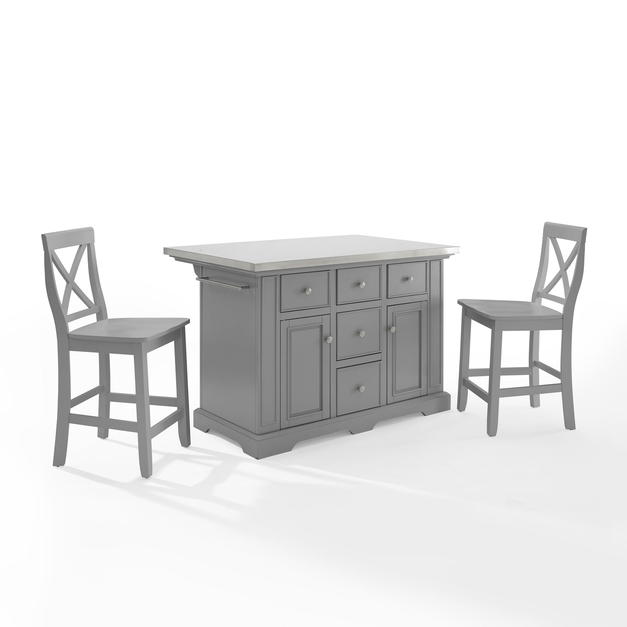 Julia 3Pc Kitchen Island Set With X-Back Stools, 5 Drawers, 2 Cabinets, Spice Rack, And Towel Bar - Luxurious And Versatile Solution For Food Prep And Dining